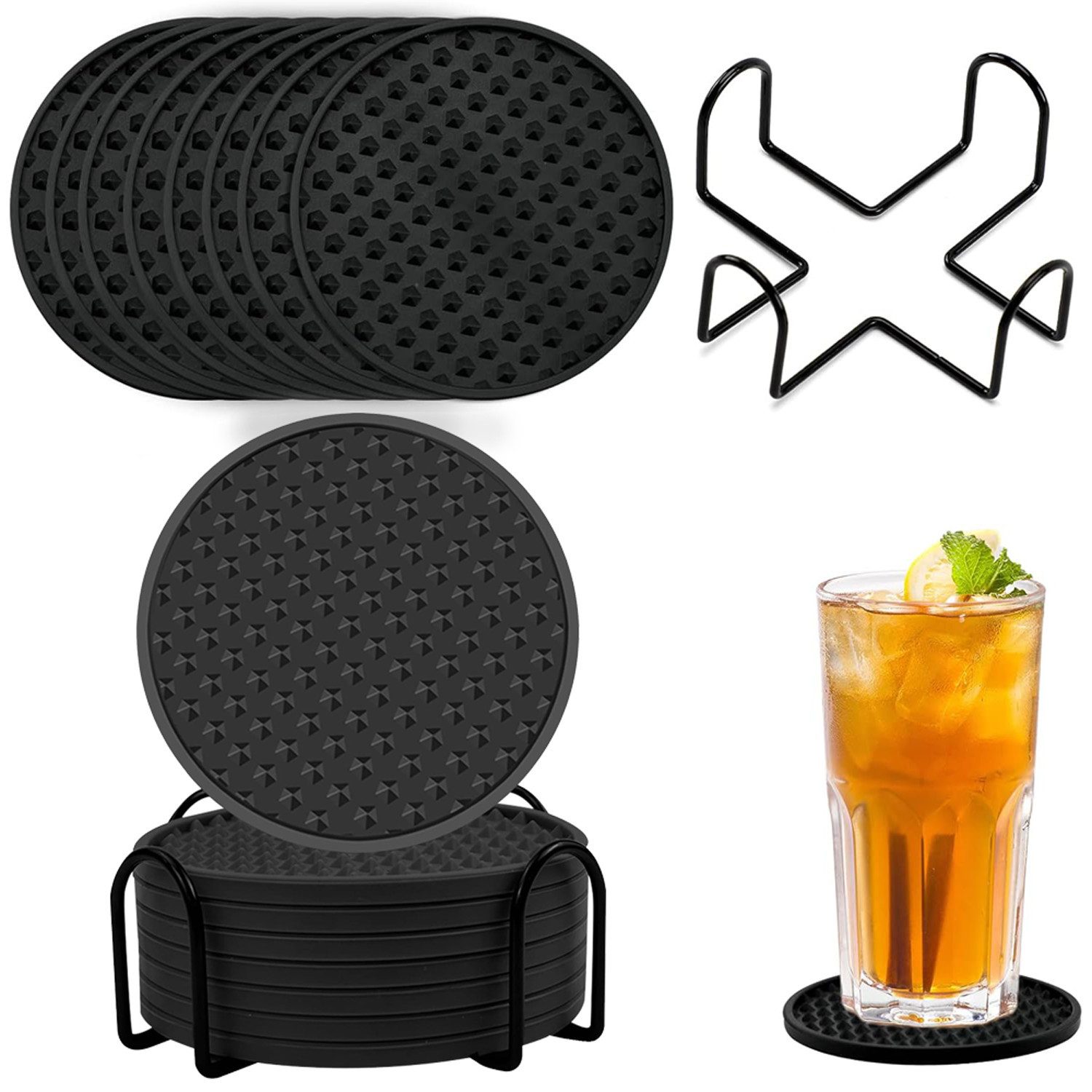 Getränkeuntersetzer 8-St Silikonuntersetzer mit Edelstahl Halter