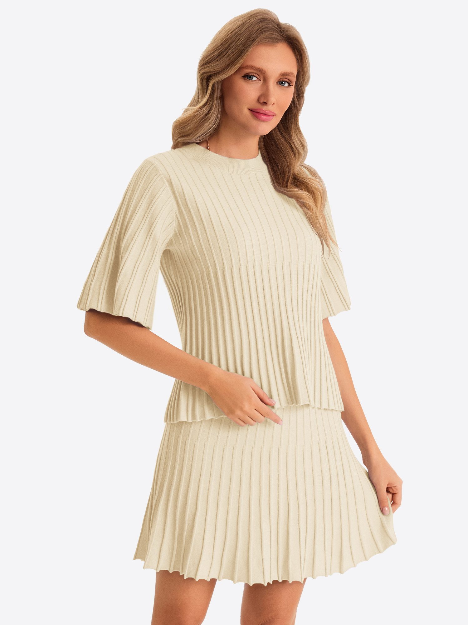 Imily Bela Top & Rock Damen Strick Halbarm Geripptes Top Plissierter Rock Sommer Loungewear (Set, 2-tlg., 2er-Pack) mit Rundhalsausschnitt und Trompetenärmeln gehäkelt in Unifarbe