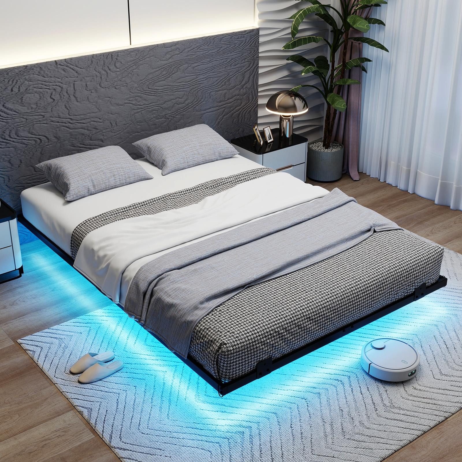 COSTWAY Bettgestell (1-tlg), Doppelbett Schwebebettgestell, mit LED, Lattenrost,140 x 200 cm