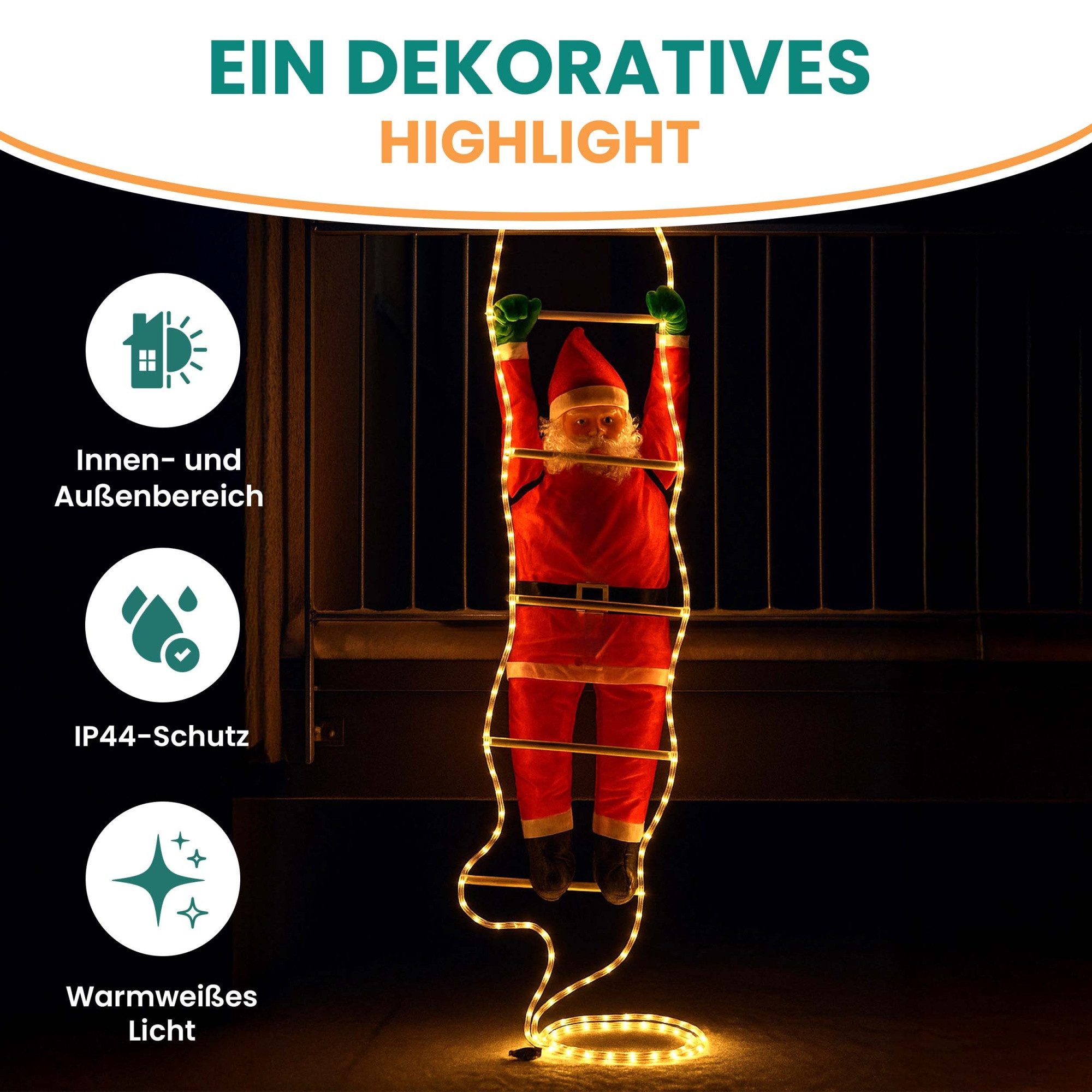 Gartenpirat Lichterkette Weihnachtsmann 120/200 cm auf Leiter mit LED beleuchtet für außen