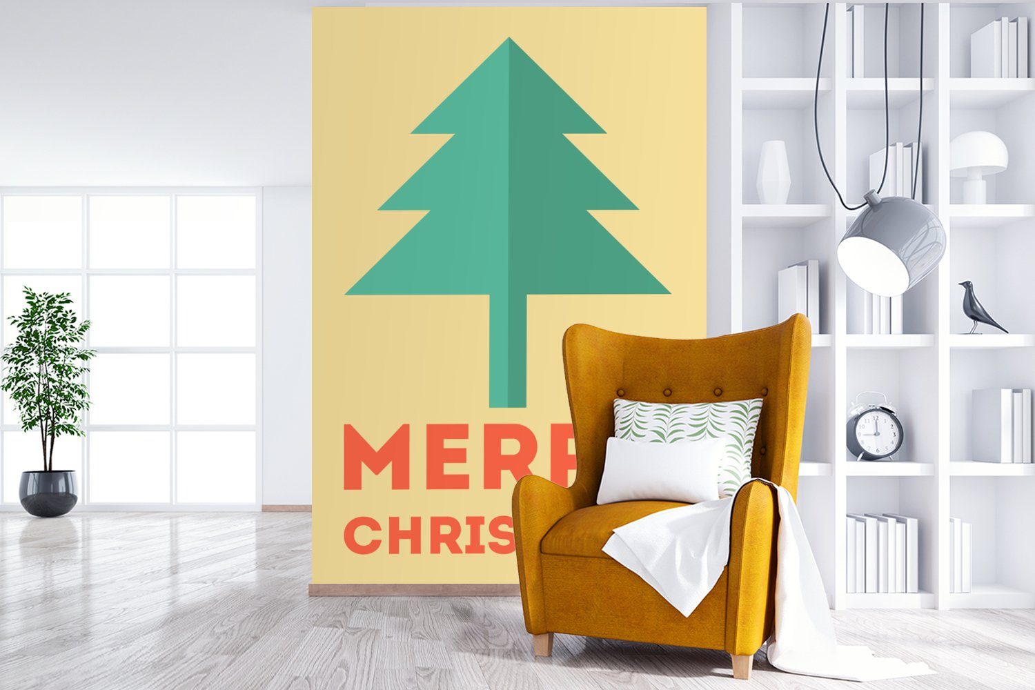 bedruckt, - Frohe, (3 - Weihnachtsbaum Wohnzimmer, Vinyl Zitate Montagefertig Fototapete St), für MuchoWow - Weihnachten Wandtapete Illustration - Tapete Matt,