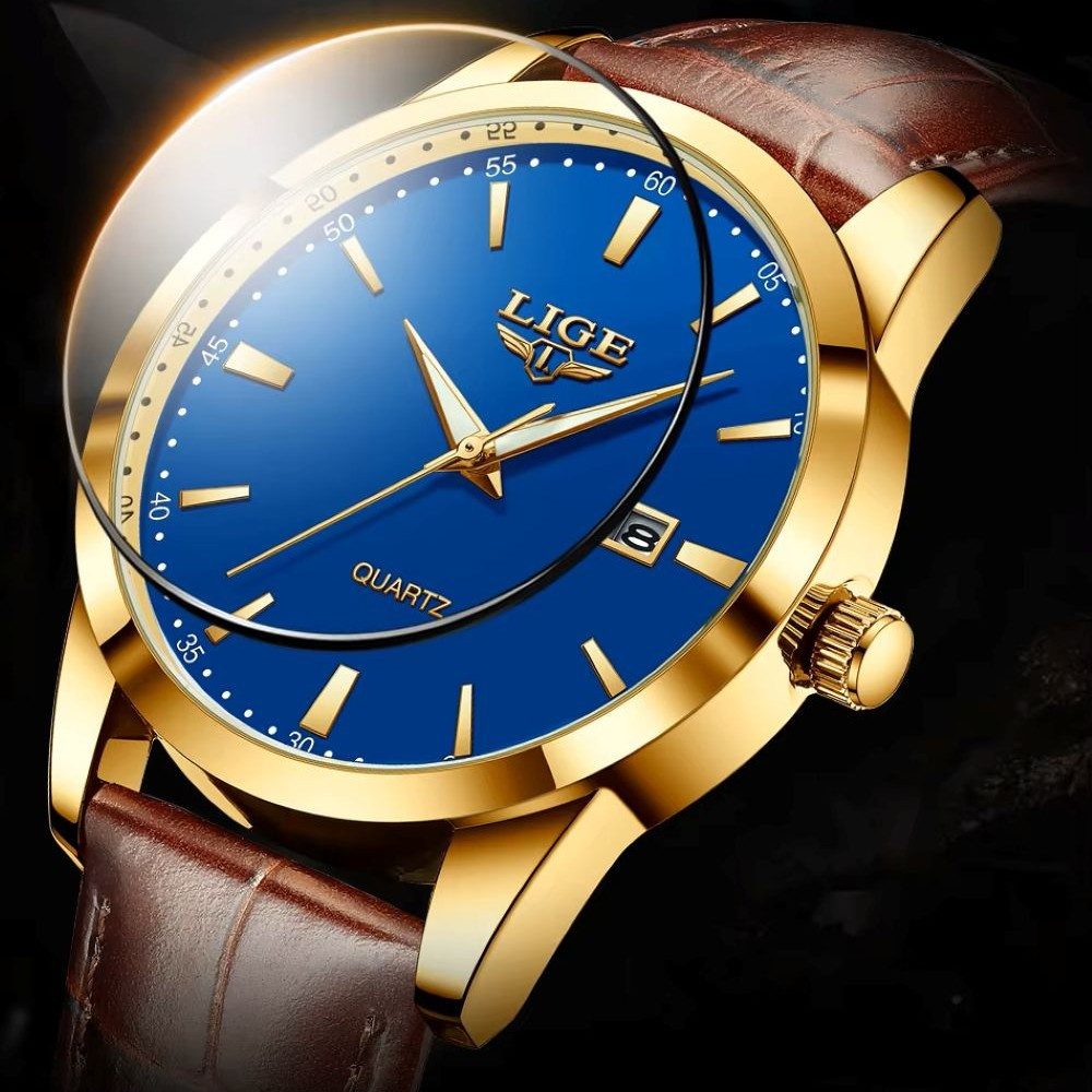 Tidy Quarzuhr LIGE 89143 Herrenuhr mit blauem Zifferblatt und braunem Armband