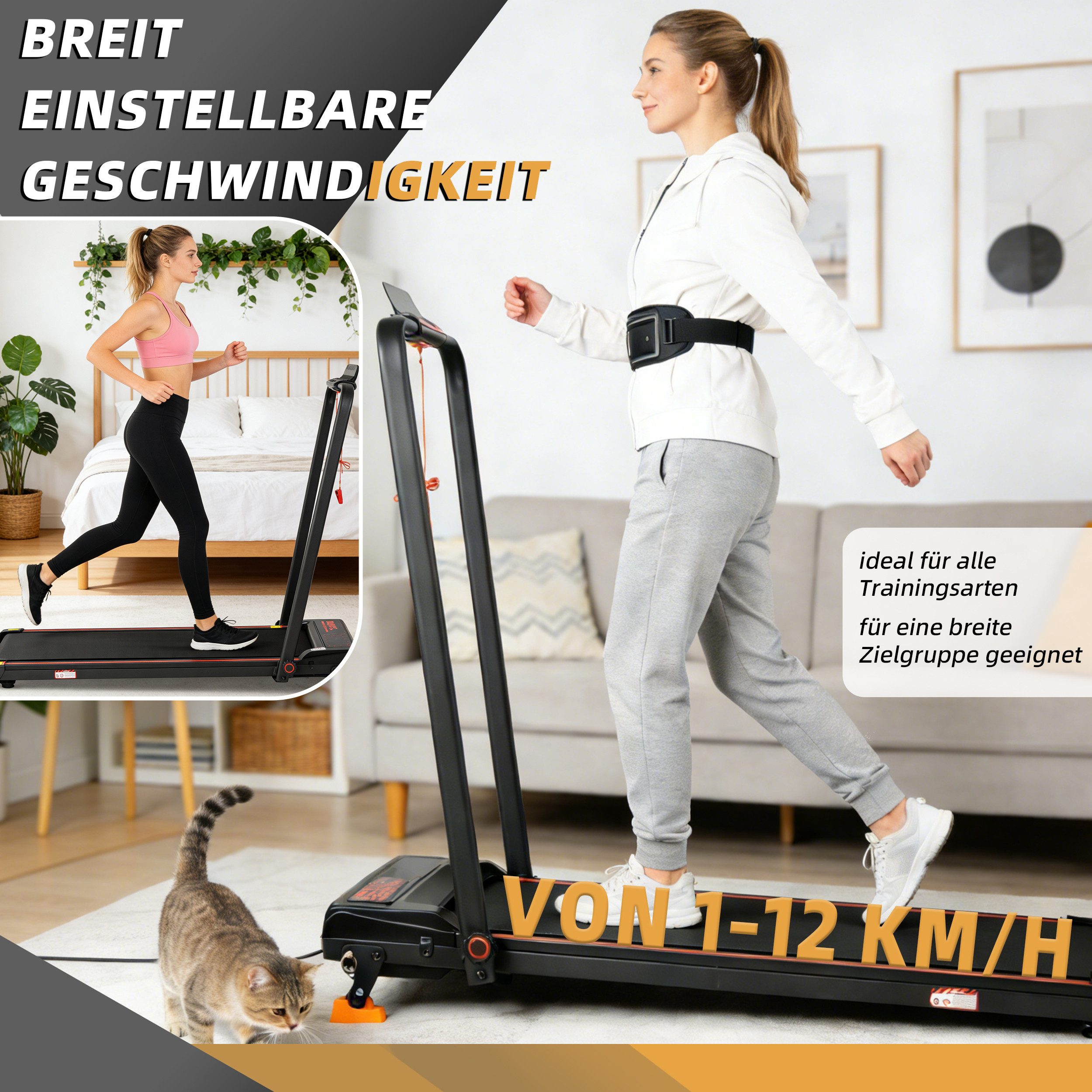 Vankel Laufband für Zuhause 2,5 PS, bis 12 km/h (Fernbedienung), Mit Handlauf, Sicherheitsclip, App und Fernbedienung