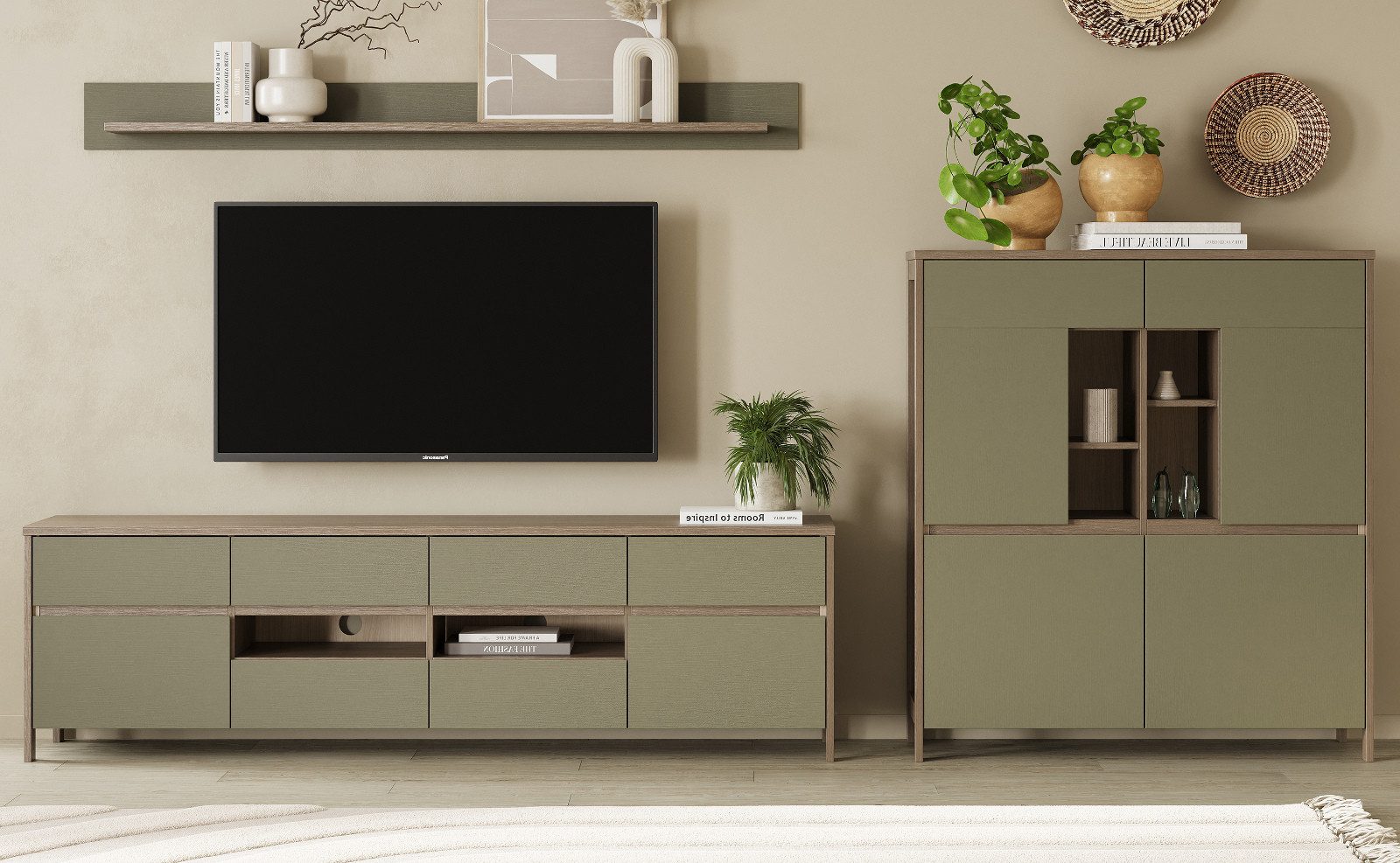 Furn.Design Wohnwand Finnes, (Schrankwand in Salbei mit Skandi Eiche, 3-teilig, 320 x 170 cm), mit viel Stauraum und Soft-Close-Funktion