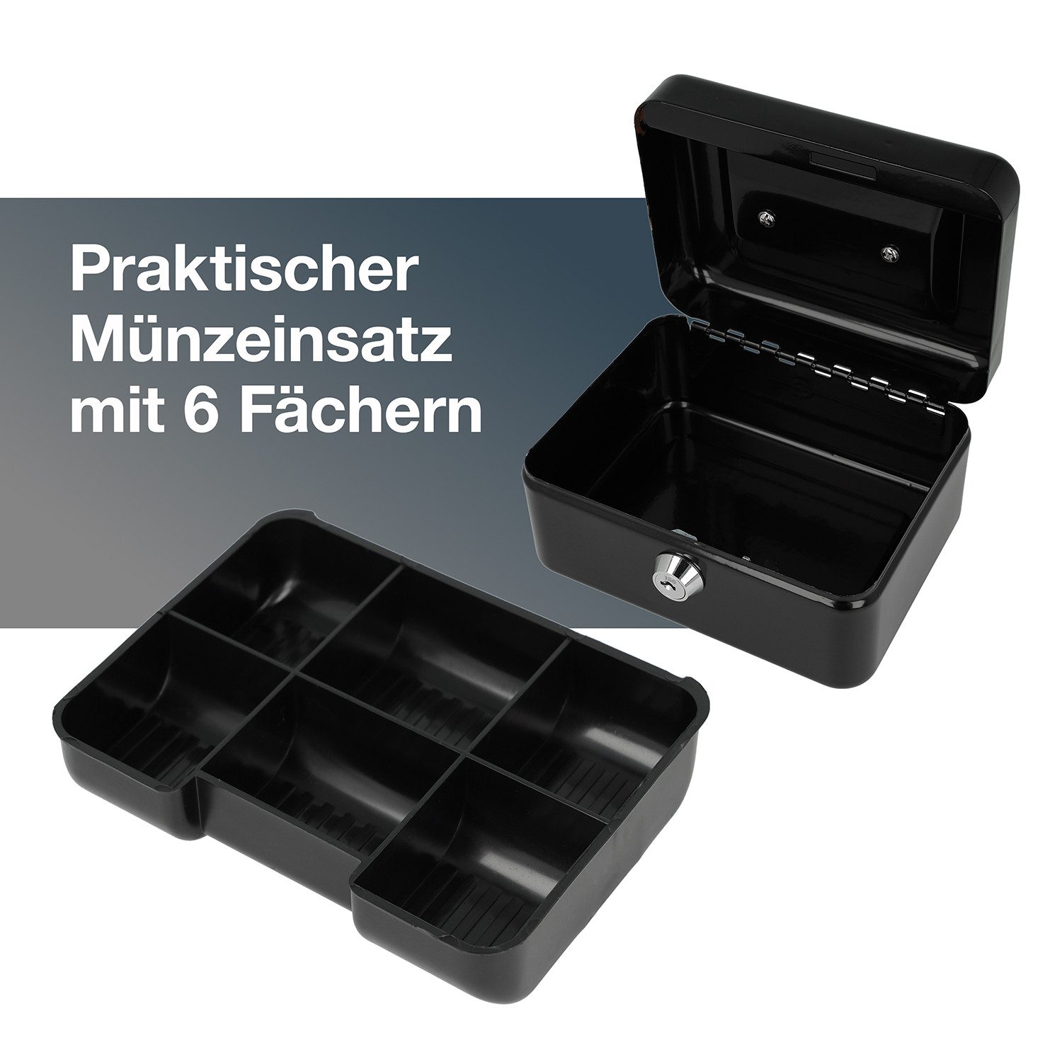 WESTCOTT Geldkassette abschließbar (kompakt, 15 cm) Schwarz, 2 Schlüssel, Hartgeldeinsatz, Herausnehmbare Einlage mit 6 Fächern – Bild 2 von 5