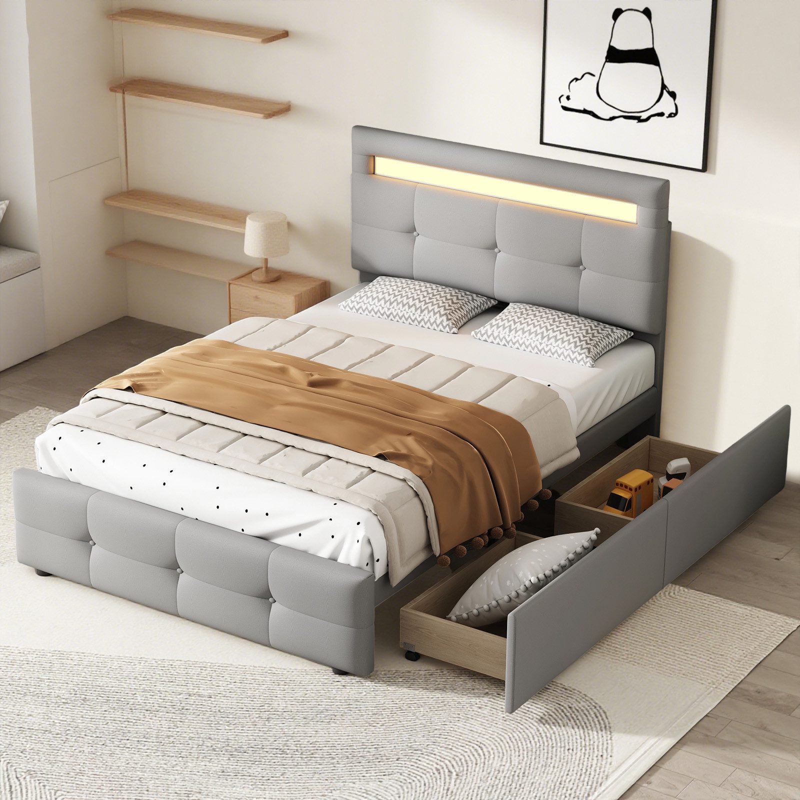 MODFU Polsterbett Kinderbett (mit LED-Licht & zwei Schubladen, Leinen 90×200 cm), Inklusive Matratze