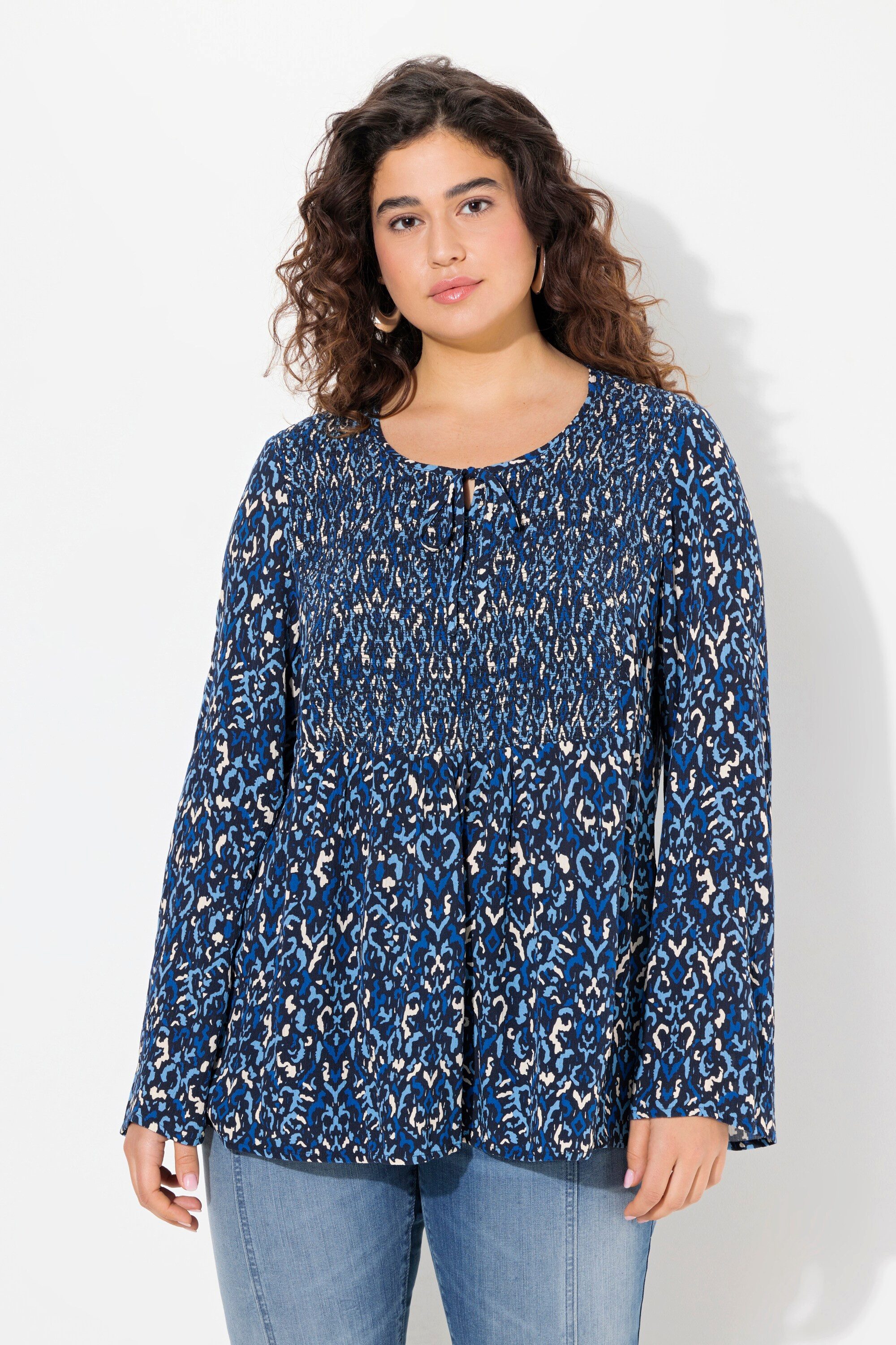 Ulla Popken Druckbluse Bluse gesmokt Rundhals günstig online kaufen
