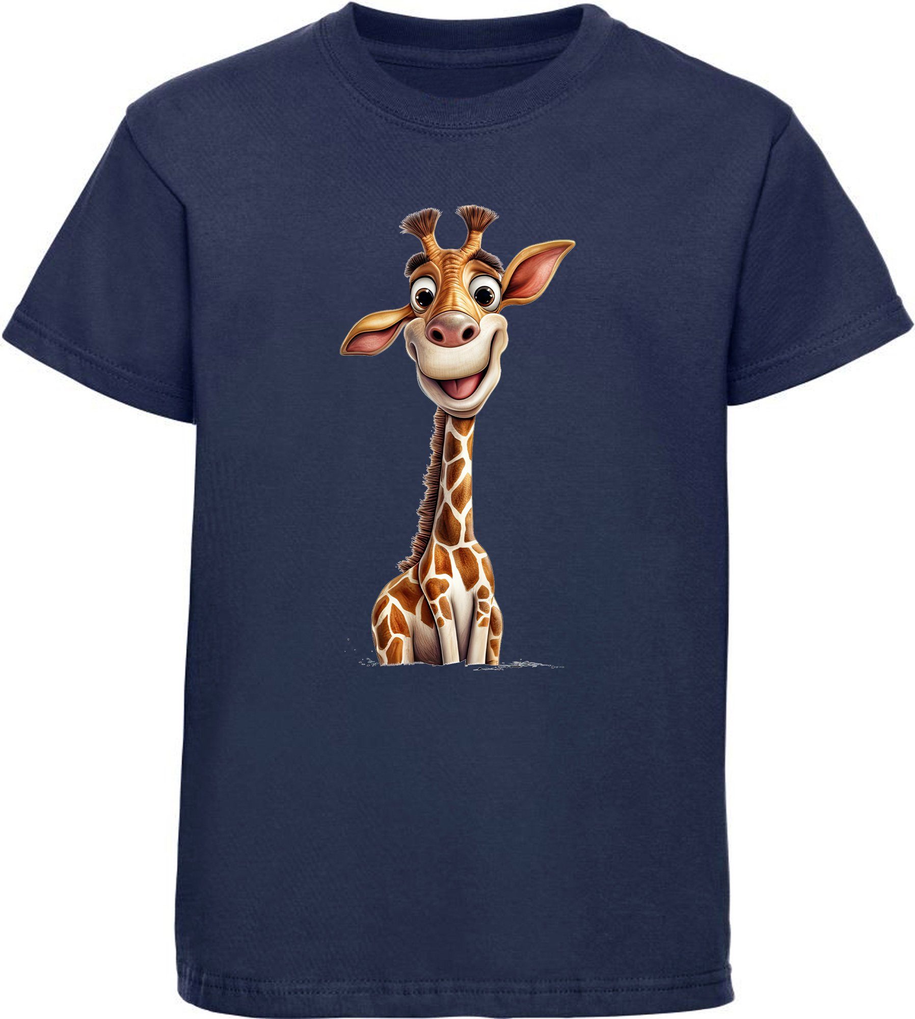 MyDesign24 T-Shirt Kinder Shirt Wildtier navy Aufdruck, Giraffe Baumwollshirt Baby bedruckt i273 - blau mit Print