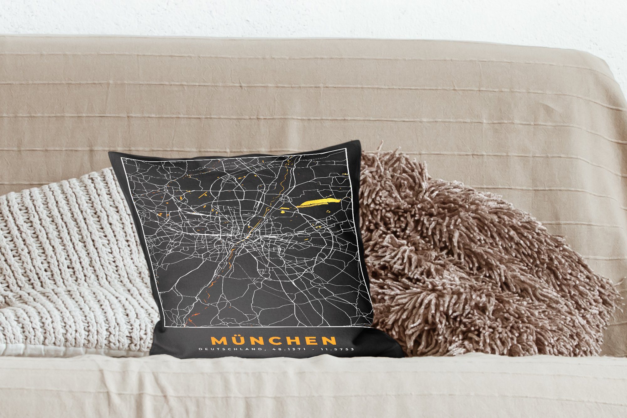 MuchoWow Dekokissen München - Karte mit Wohzimmer, - - Füllung Zierkissen Sofakissen Schlafzimmer, für Gold Deutschland, - Stadtplan Deko
