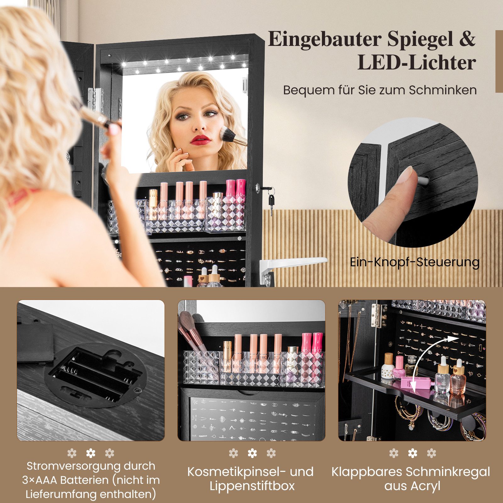 COSTWAY Schmuckschrank mit Spiegel, LED & 3 Ablagen, drehbar & abschließbar