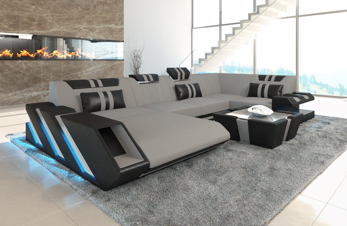 Sofa Dreams Couch C76 wahlweise mit Polster Form U Wohnlandschaft als Apollonia LED, mit Stoffsofa, Sofa Stoff Schlafsofa, Designersofa Hellgrau-Schwarz Bettfunktion