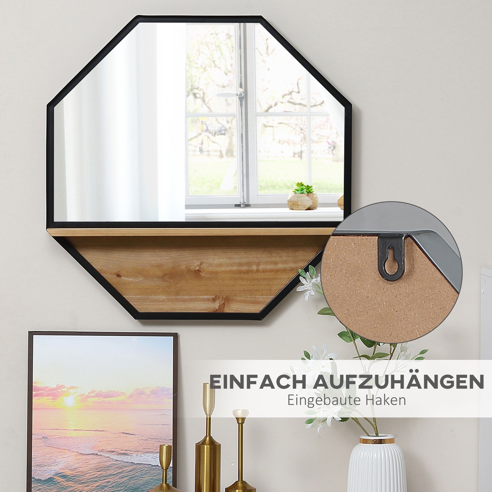 Metall x 1 Industrie-Design, Tannenholz Mit +Natur HOMCOM Schwarz Wandspiegel), (Set, im 1-St., Ablage Wandspiegel