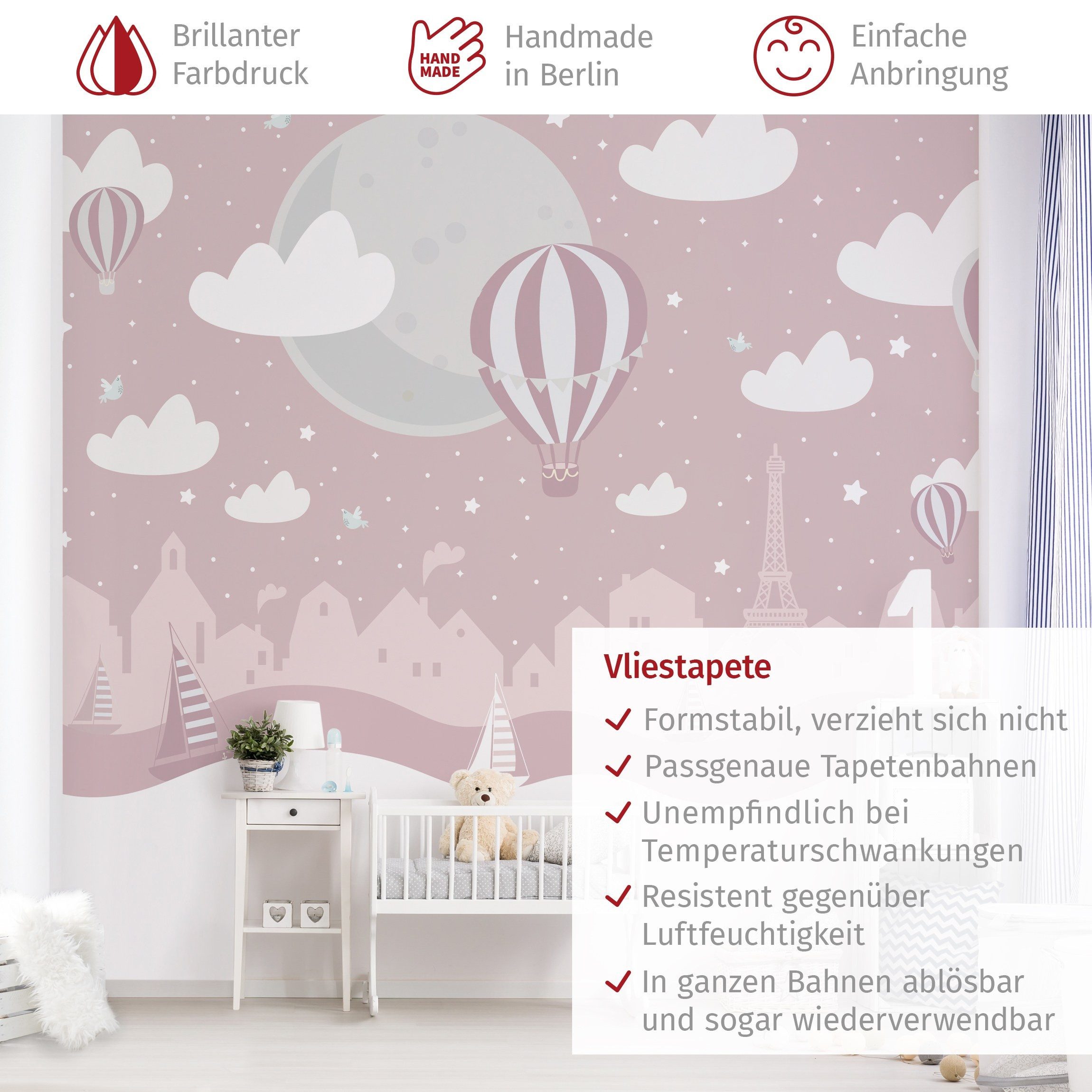 Bilderdepot24 Kindertapete Kinderzimmer Paris Sterne Heißluftballon Rosa Kinder Wanddeko, Glatt, Matt, (Vliestapete inkl. Kleister oder selbstklebend), Mädchenzimmer Jungenzimmer Babyzimmer Bildtapete Fototapete Wandtapete