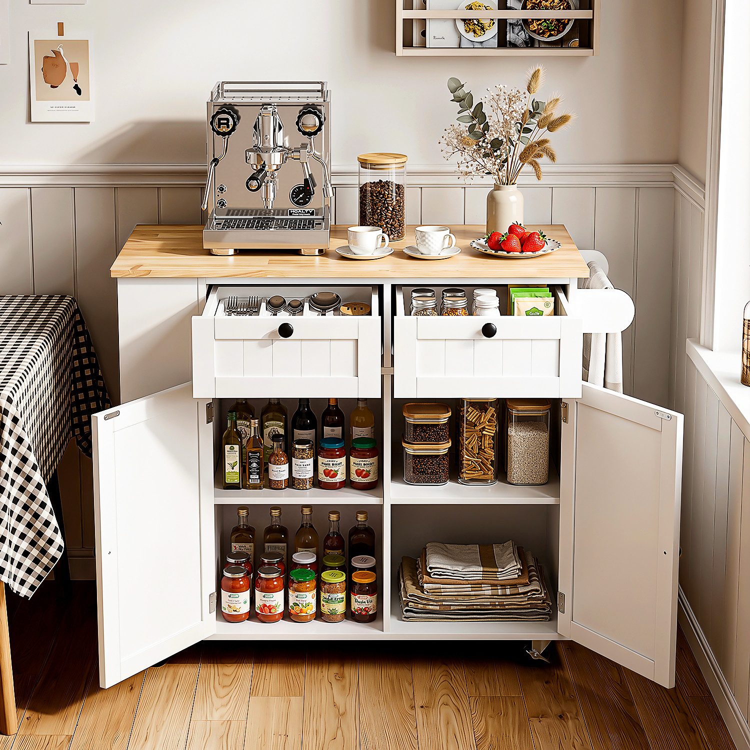 oyajia Küchenwagen Kücheninsel mit erweiterbare Arbeitsplatte, Sideboard freistehend, (Servierwagen mit Rollen, verstellbare Ablagen, 101x 44/ 74 x 87 cm), mit Schubladen & Gewürzregal