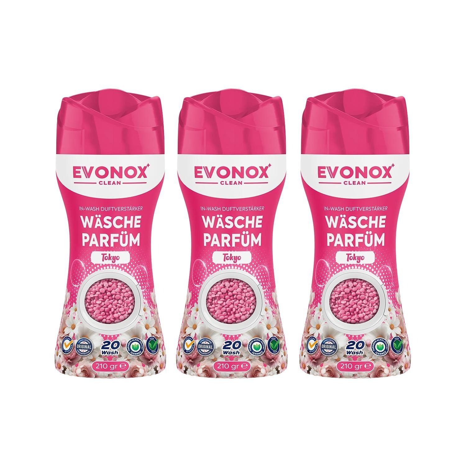 EVONOX Wäscheparfüm WÄSCHEPARFÜM–lang anhaltende Frische für alle Textil 210g (3-St), Parfüm für Waschmaschinen-PINK PEONIE & SANDELHOLZ