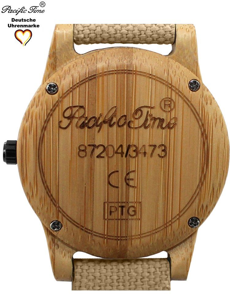 Pacific Time Quarzuhr Damenuhr analog Pferd Holz Canvas Armband, Gratis Versand