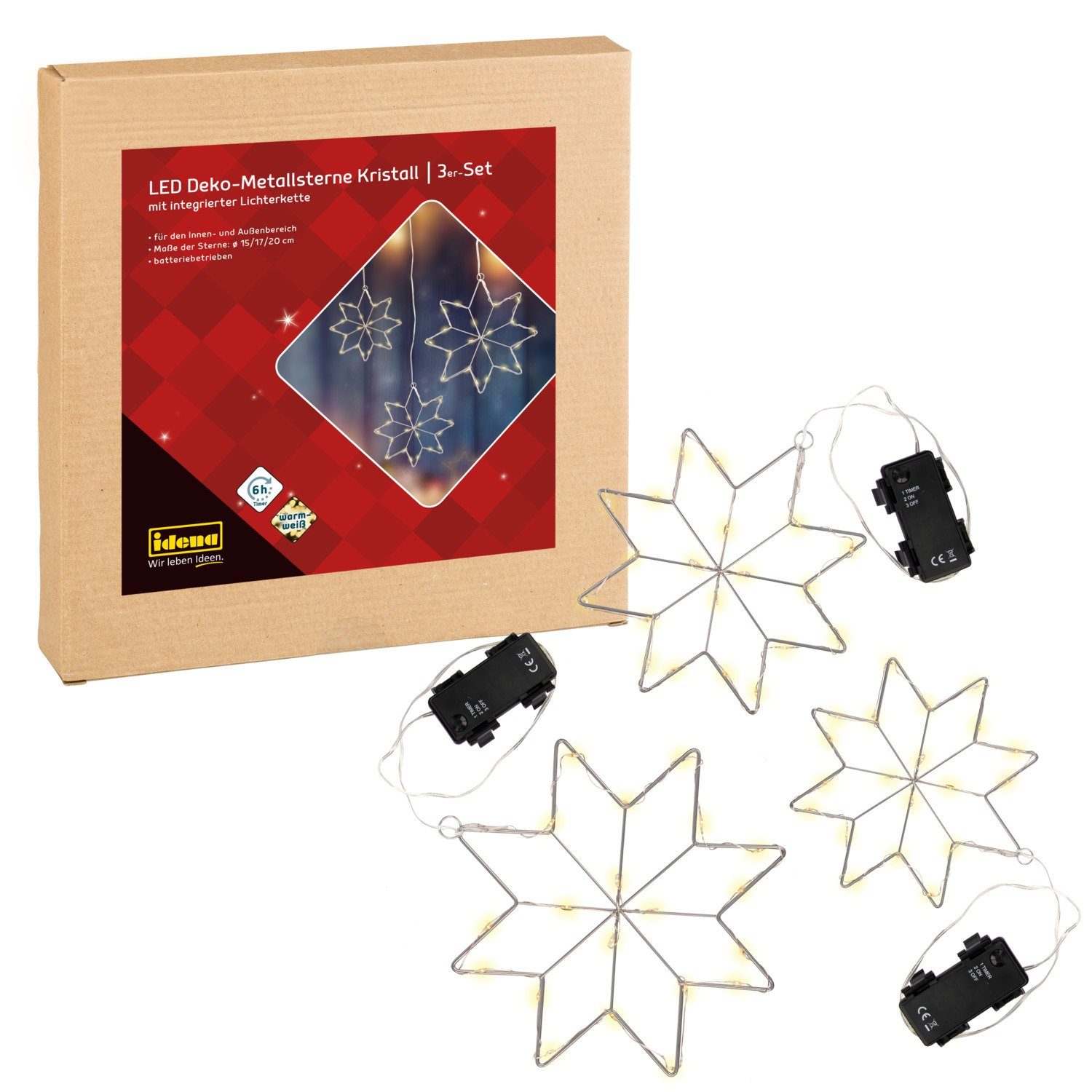 Idena LED Stern Kristall, LED fest integriert, warmweiß, 3er Set, mit