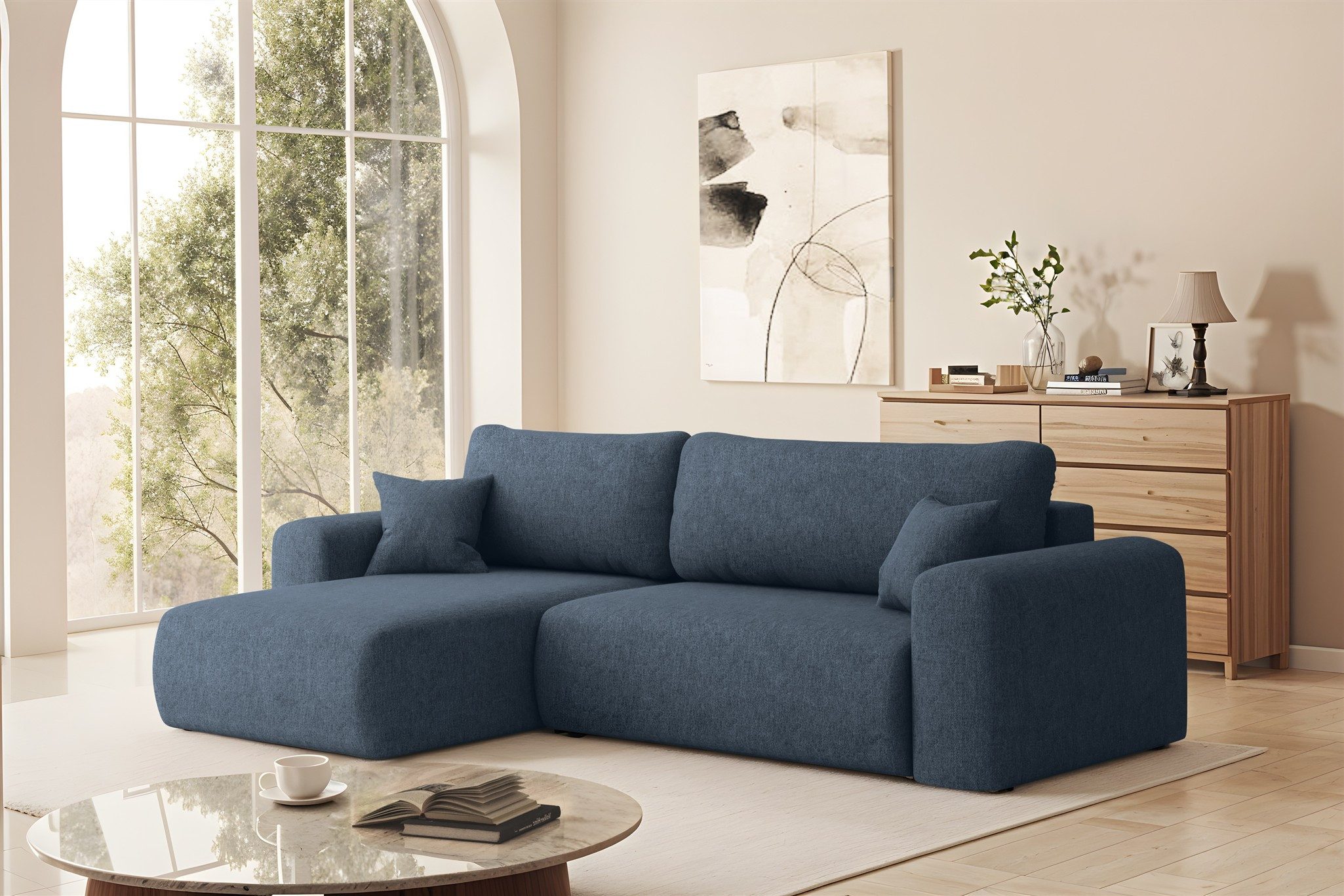 Fun Möbel Ecksofa Schlafsofa FLORA in Stoff, mit Bettkasten und 2 Zierkissen, Ottomane Links oder Rechts