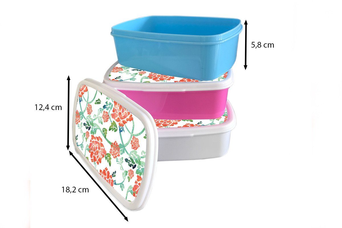 MuchoWow Lunchbox Snackbox, Blätter Kunststoff, für Kinder, (2-tlg), Erwachsene, Brotbox Kunststoff - Blumen - Aquarell, rosa Brotdose Mädchen, Muster 
