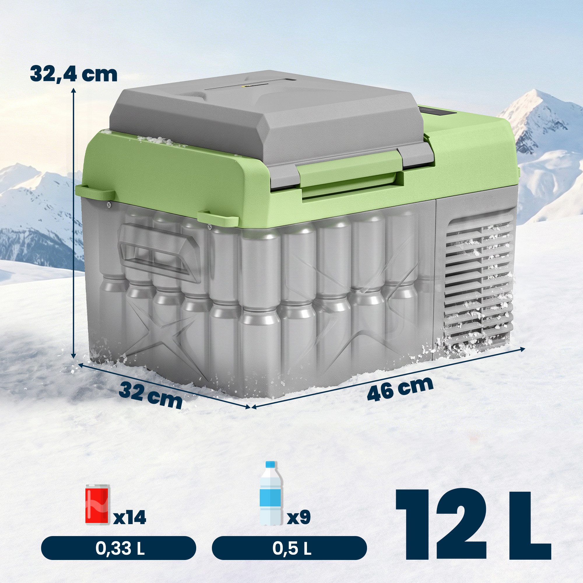 Outsunny Kühlbox Kompressor elektrische Kühlbox mit Anschluss Kühlhaltefunktion, 12 l, für Auto Steckdose LKW Camping Boot Grau+Grün
