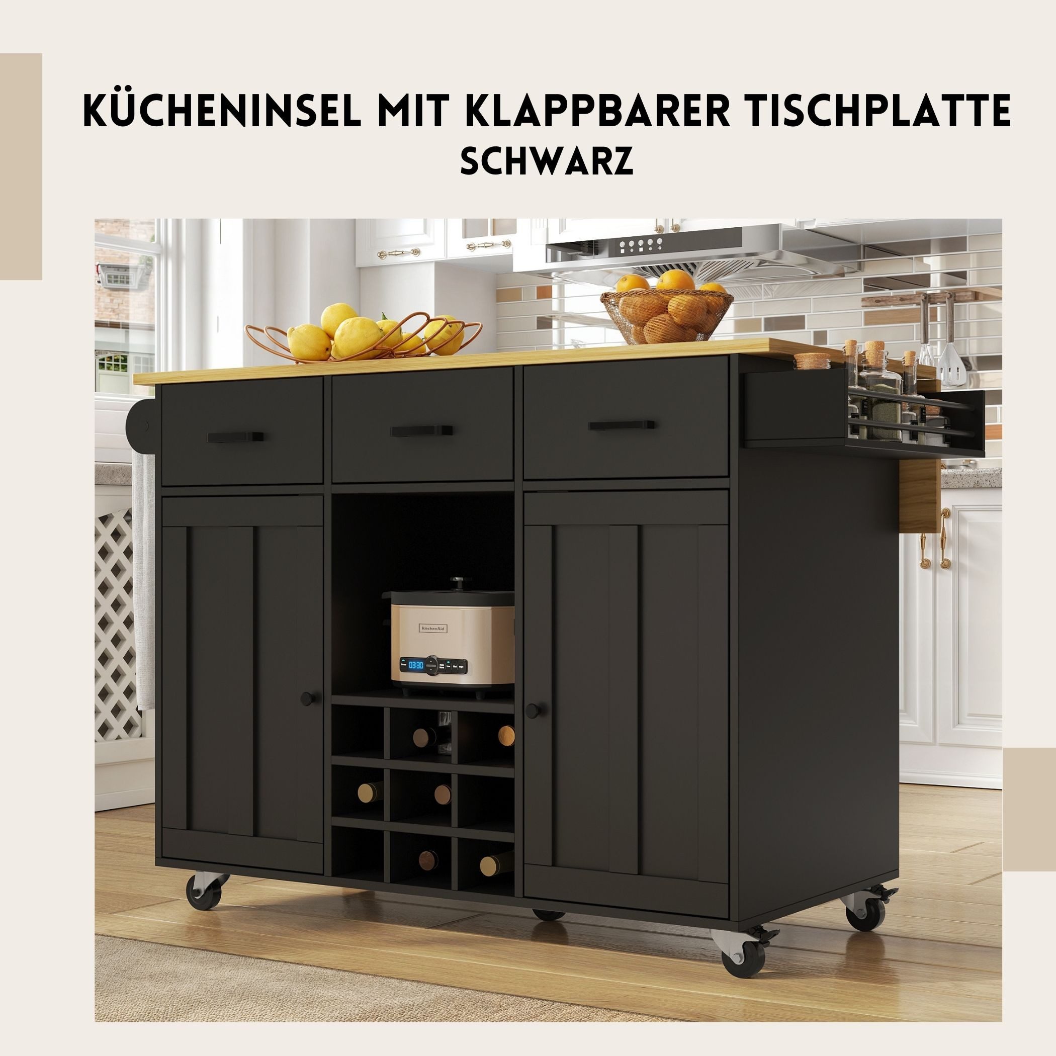 SeedWave Kücheninsel mit klappbarer Tischplatte, 3 Schubladen, Doppeltür-Sc günstig online kaufen