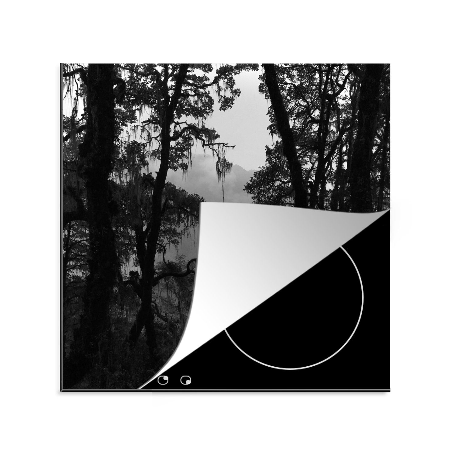 MuchoWow Herdblende-/Abdeckplatte Bhutan - küche Ceranfeldabdeckung, 78x78 Weiß Regenwald, tlg), (1 Vinyl, - für Schwarz Arbeitsplatte cm, 