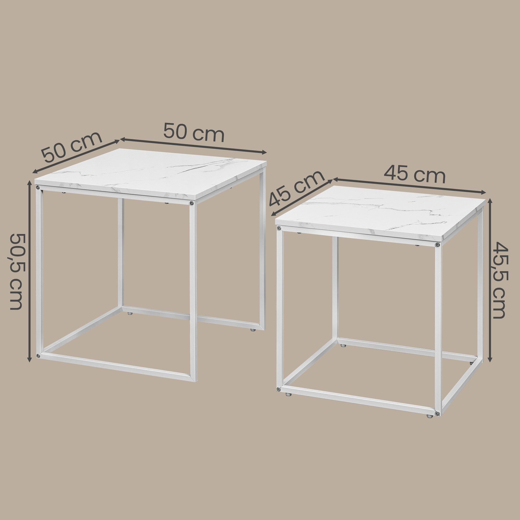 Home Collective Couchtisch 2er Set Beistelltisch Loft Design 2in1 Verschachtelung Wohnzimmer, kratzfeste Oberfläche 50cm & 45cm Weiß Marmor Optik mit Weißen Bei – Bild 3 von 5