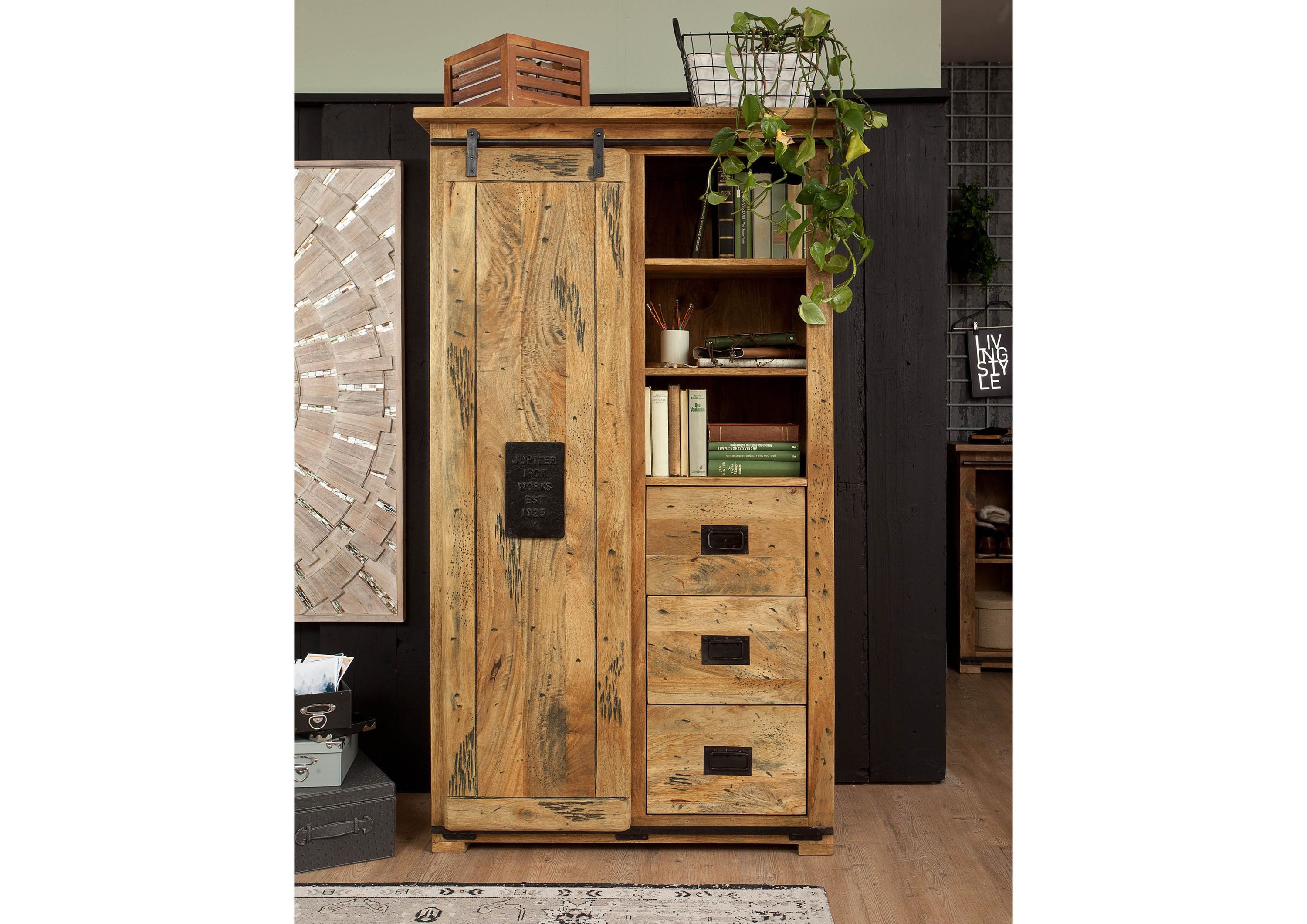 Massivmoebel24 Dreh-/Schwebetürenschrank RAILWAY (Schrank Mango 100x45x175 natur lackiert RAILWAY #114) Schrank Mango 100x45x175 natur lackiert RAILWAY #114
