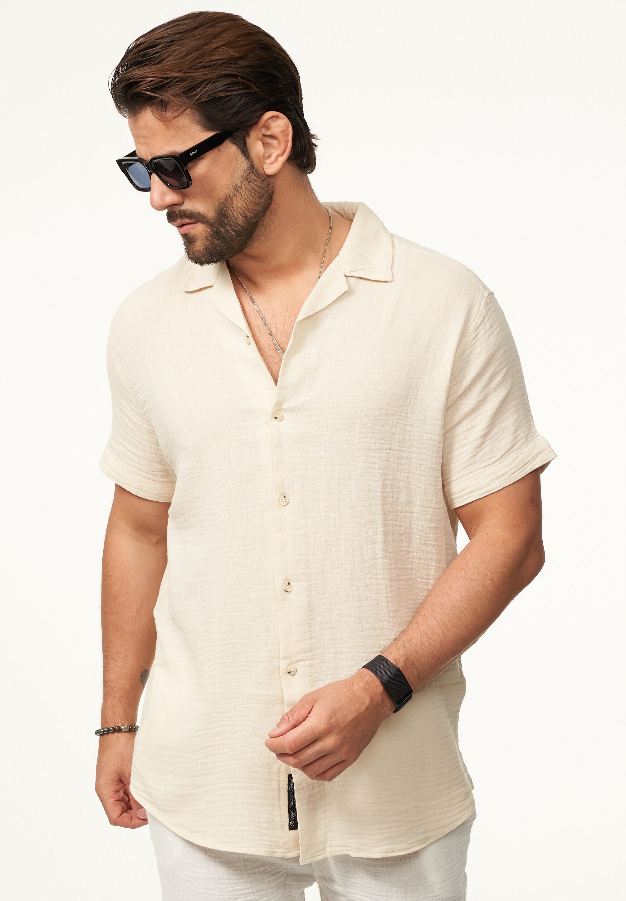 CARISMA Kurzarmhemd im Vintage Summer-Look in Crinkle Optik Herren luftig leichtes Kurzarm Feinstrick Polo-Hemd T-Shirt – Bild 4 von 5