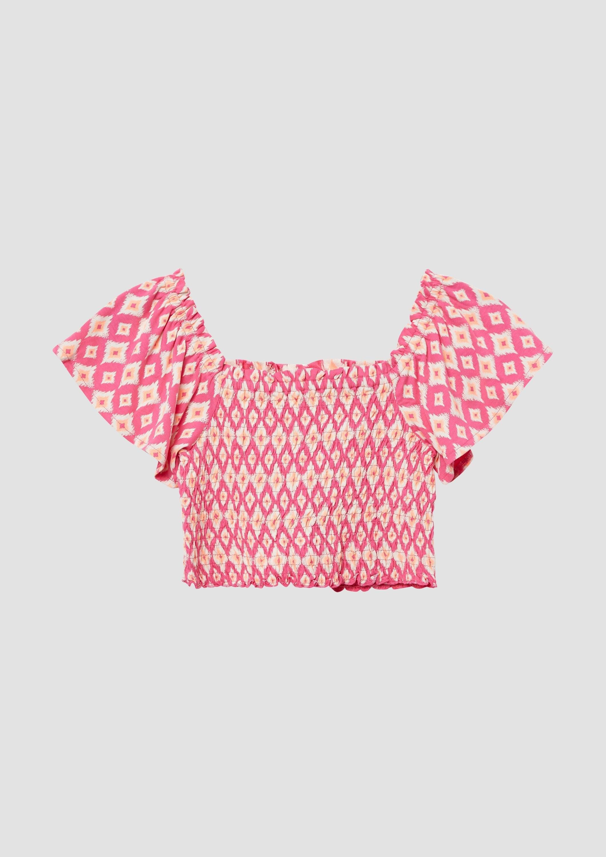 s.Oliver Kurzarmshirt T-Shirt Verkürztes Smok-Top mit Off-Shoulder-Ausschnitt