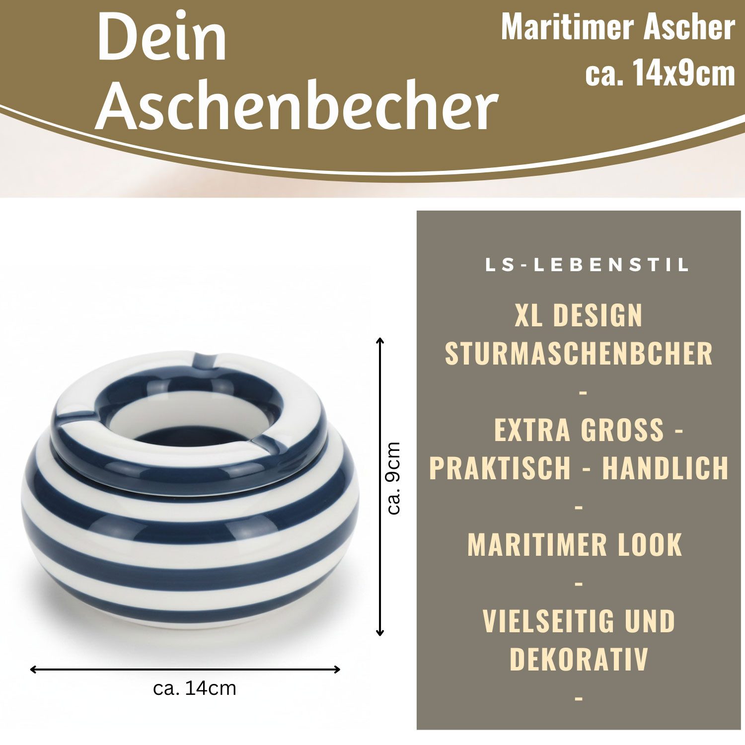 LS-LebenStil Aschenbecher XL Sturmaschenbecher 14x9cm Blau Weiß Windaschenbecher, Windaschenbecher Ashtray Tischaschenbecher Garten Balkon Deko