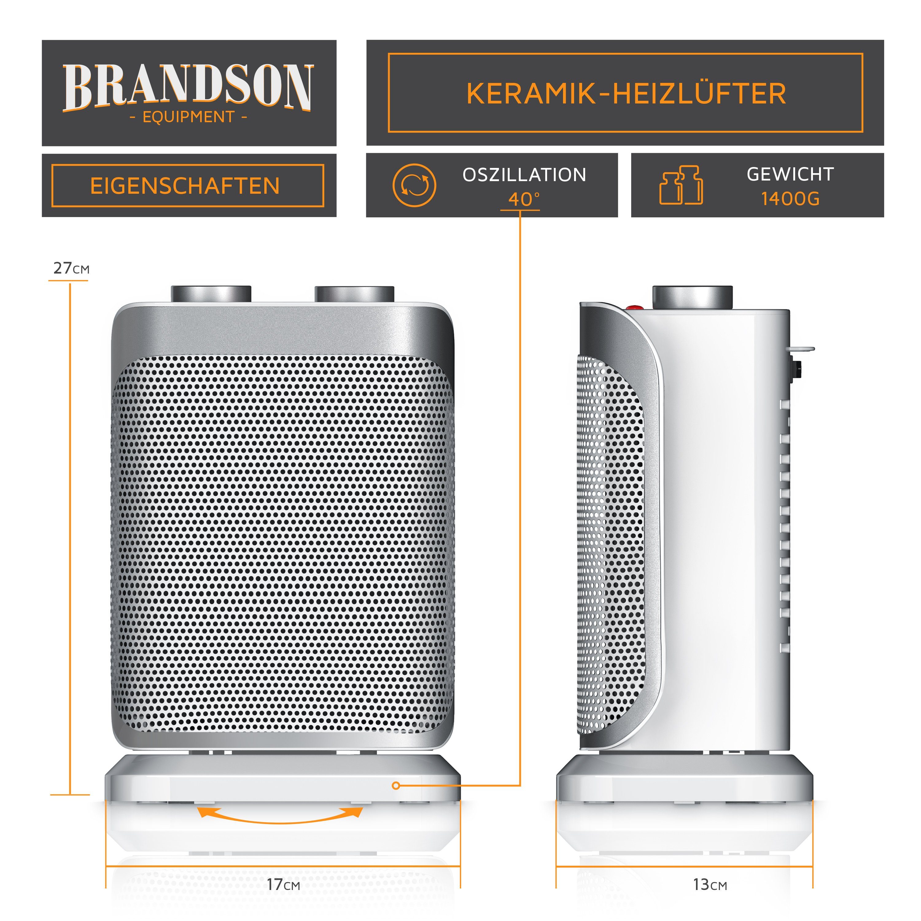 Brandson Keramikheizlüfter Keramik Heizlüfter, Oszilationsfunktion, Badezimmer Keramikheizgerät, 1500 W, Energiesparend, leise, Temperaturregelung, Thermosicherung, Heizung