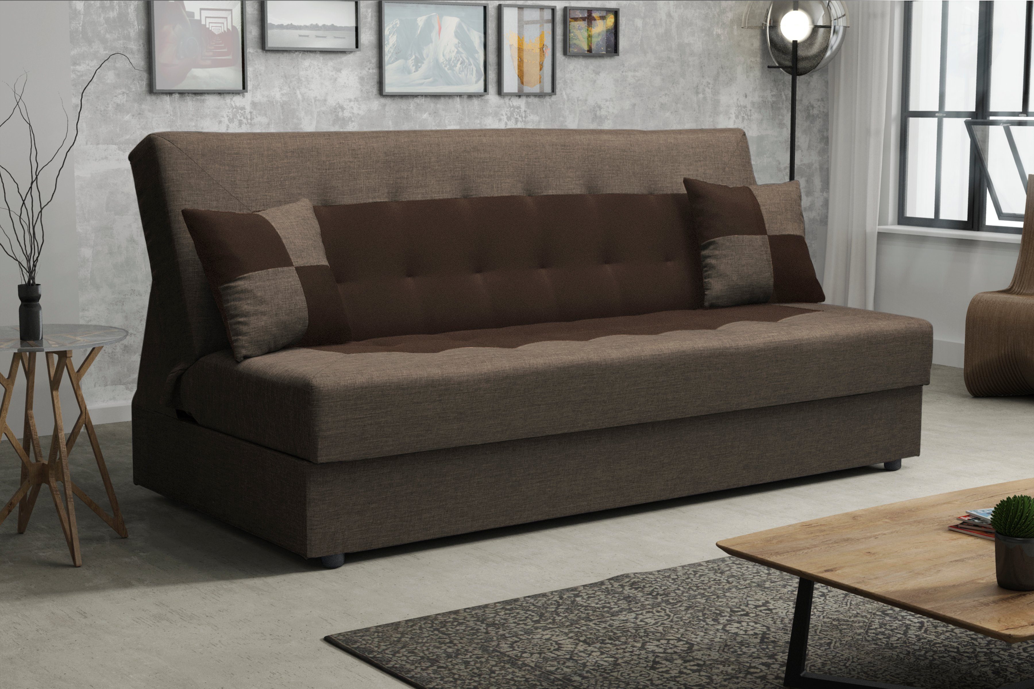 und Sofa mit Braun Bettkasten 192cm pressiode Schlaffunktion Schlafsofa, POLO COUCH