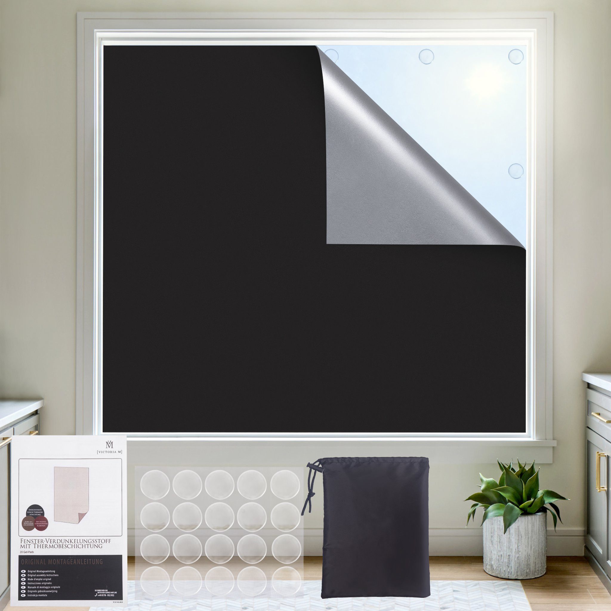 Victoria M. Fensterfolie Fenster-Verdunkelungsstoff Thermobeschichtung 140x200 cm schwarz, verdunkelnd, 100 % Blackout mit Thermobeschichtung, Inkl. 20 Gel-Klebepads