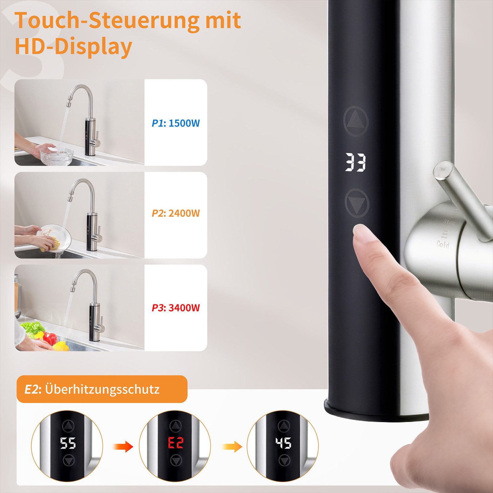 HOMELODY Küchenarmatur mit Durchlauferhitzer, Wasserhahn 360° drehbar,3-Stu günstig online kaufen