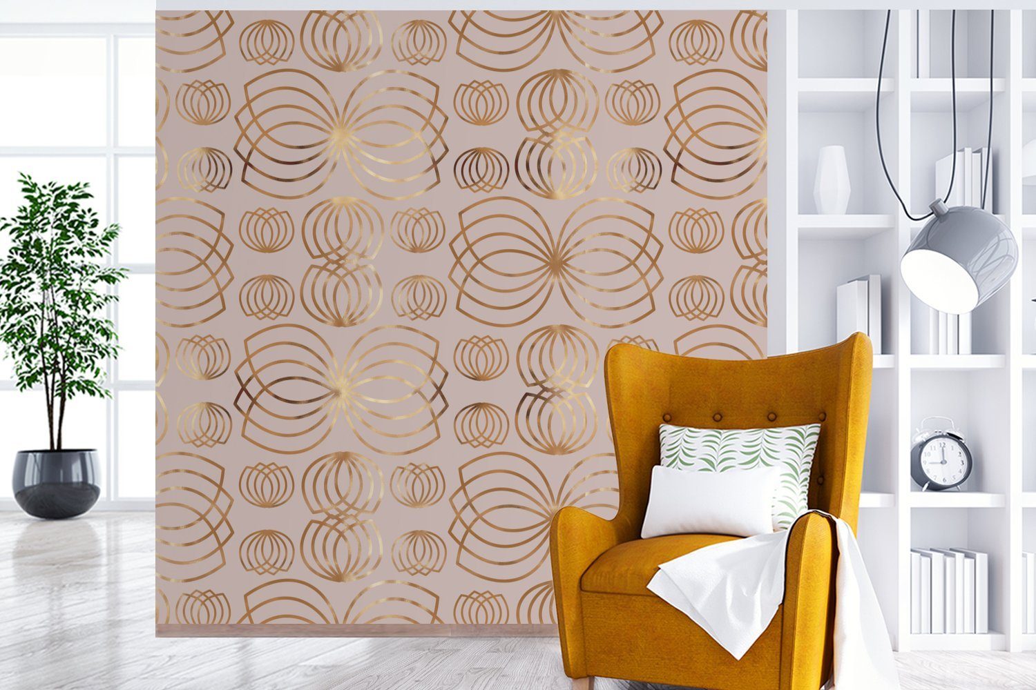 oder Wohnzimmer - Wandtapete Gold, Matt, für MuchoWow bedruckt, St), Tapete Schlafzimmer, Vinyl - Fototapete Blumen Muster (5