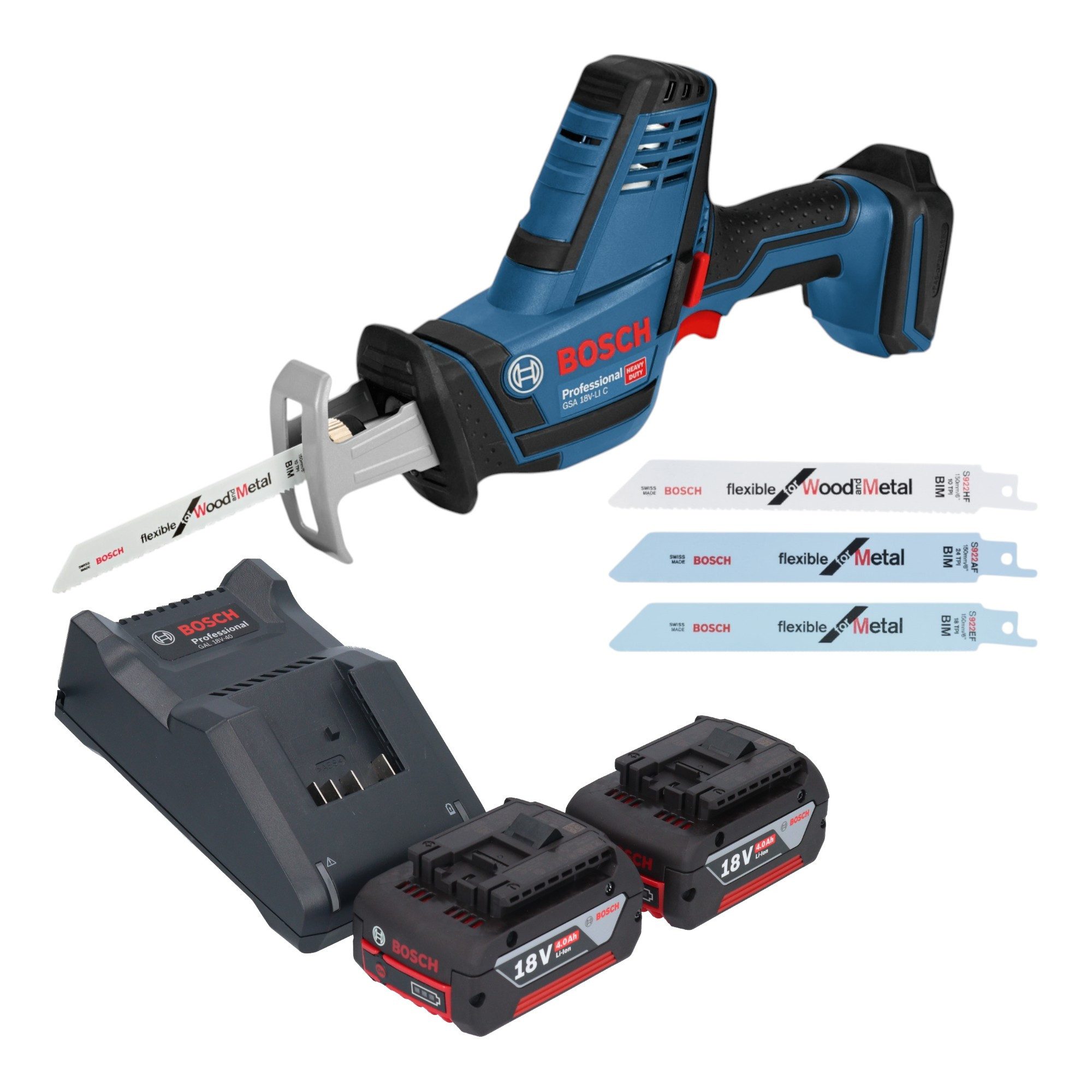 Bosch Professional Akku-Reciprosäge GSA 18V-LI C Professional 18 V + 2x Akku 4,0 Ah + Ladegerät