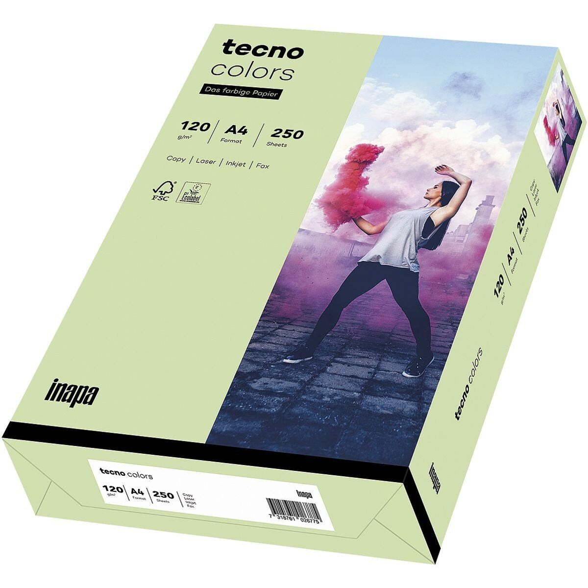 Inapa tecno Drucker- und Kopierpapier Rainbow / tecno Colors, Pastellfarben, Format DIN A4, 120 g/m², 250 Blatt mittelgrün