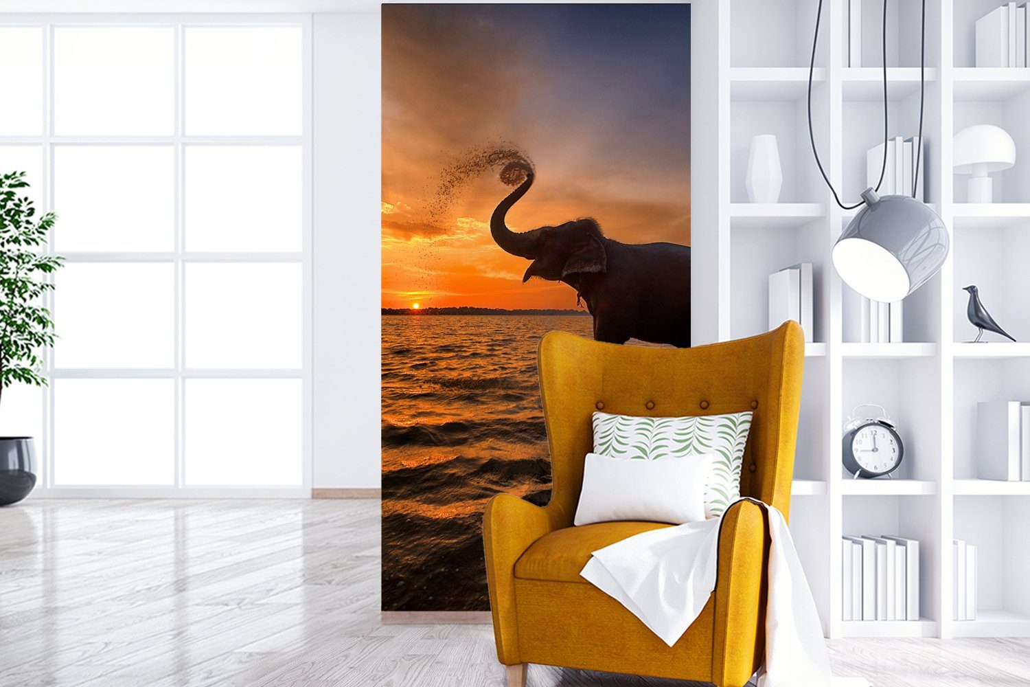 Wohnzimmer MuchoWow Küche, Orange, Fototapete Tiere bedruckt, St), (2 Vliestapete für Elefant Matt, Fototapete - - Meer Sonnenuntergang - - Schlafzimmer