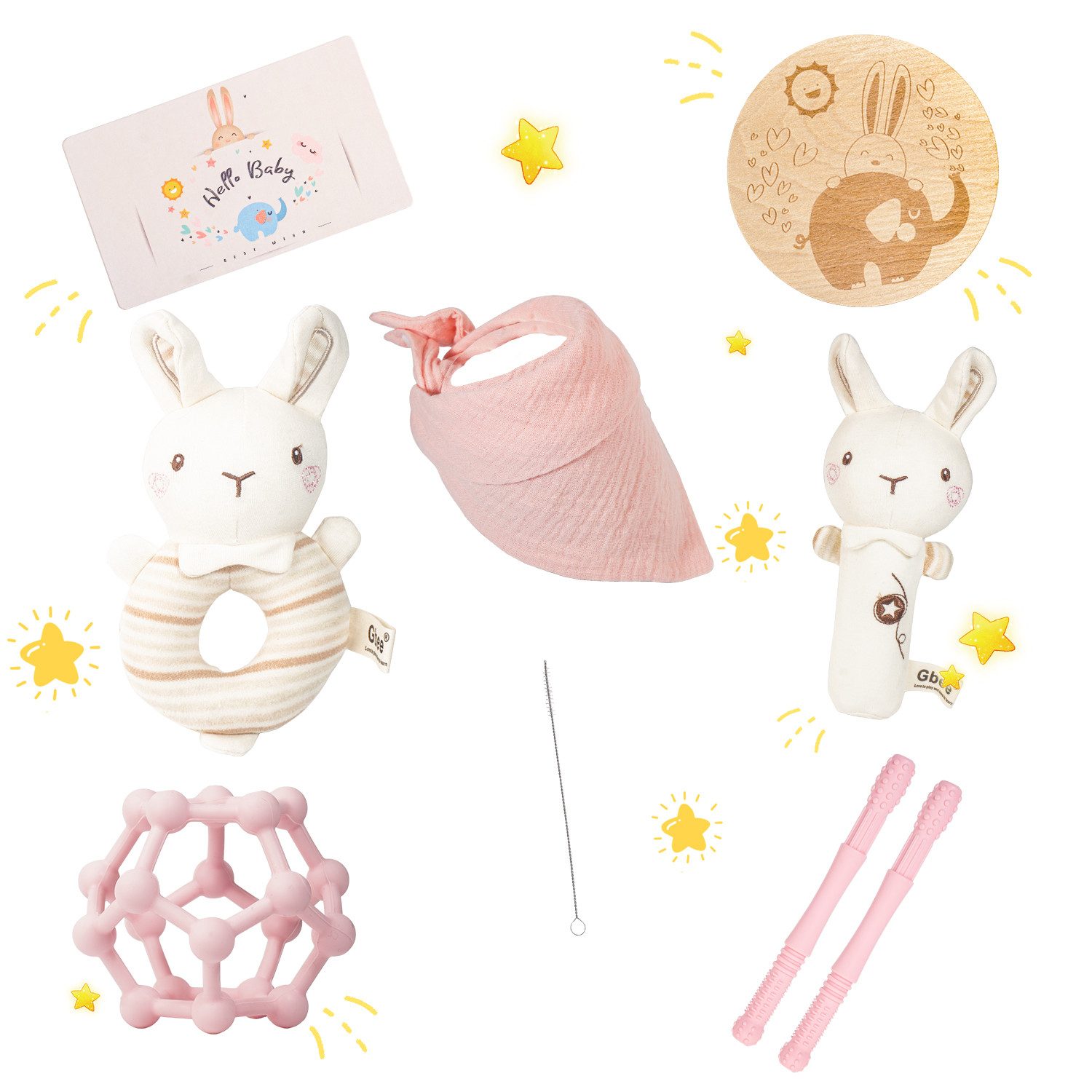 Esun Neugeborenen-Geschenkset Geschenke zur Geburt Junge, Baby Geschenk Rassel (Baby Geschenk 6-in-1-Set Rassel) Lätzchen, Beißring Bälle, Beißröhrchen, Kuscheltier