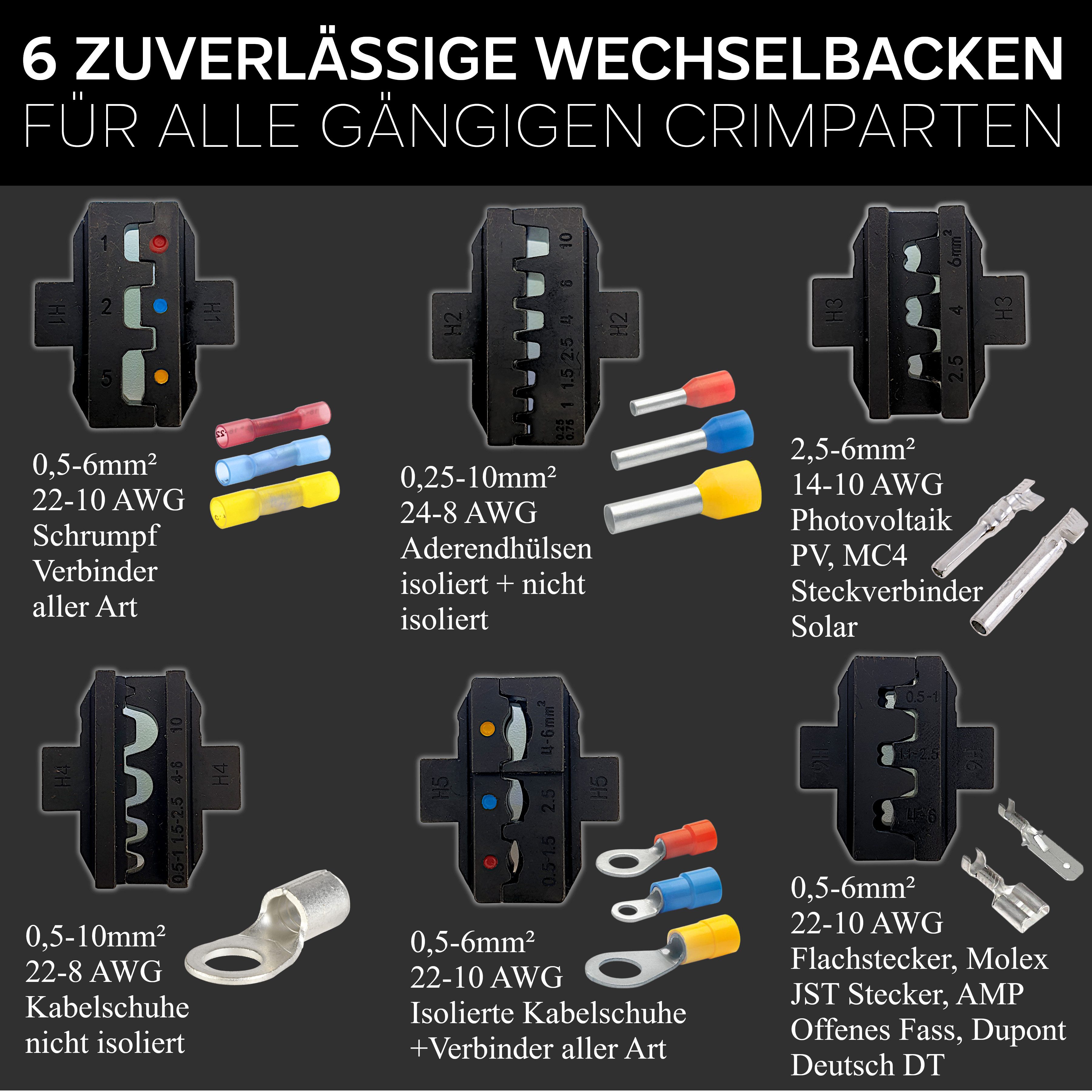 ALPHATEC® Crimpzange Crimpzangen Set mit Wechselbacken inkl. Abisolierzange 0,25-10mm² 8tlg, Kabelschuhe, Aderendhülsen, Flachstecker, Quetschverbinder, MC4, Solar