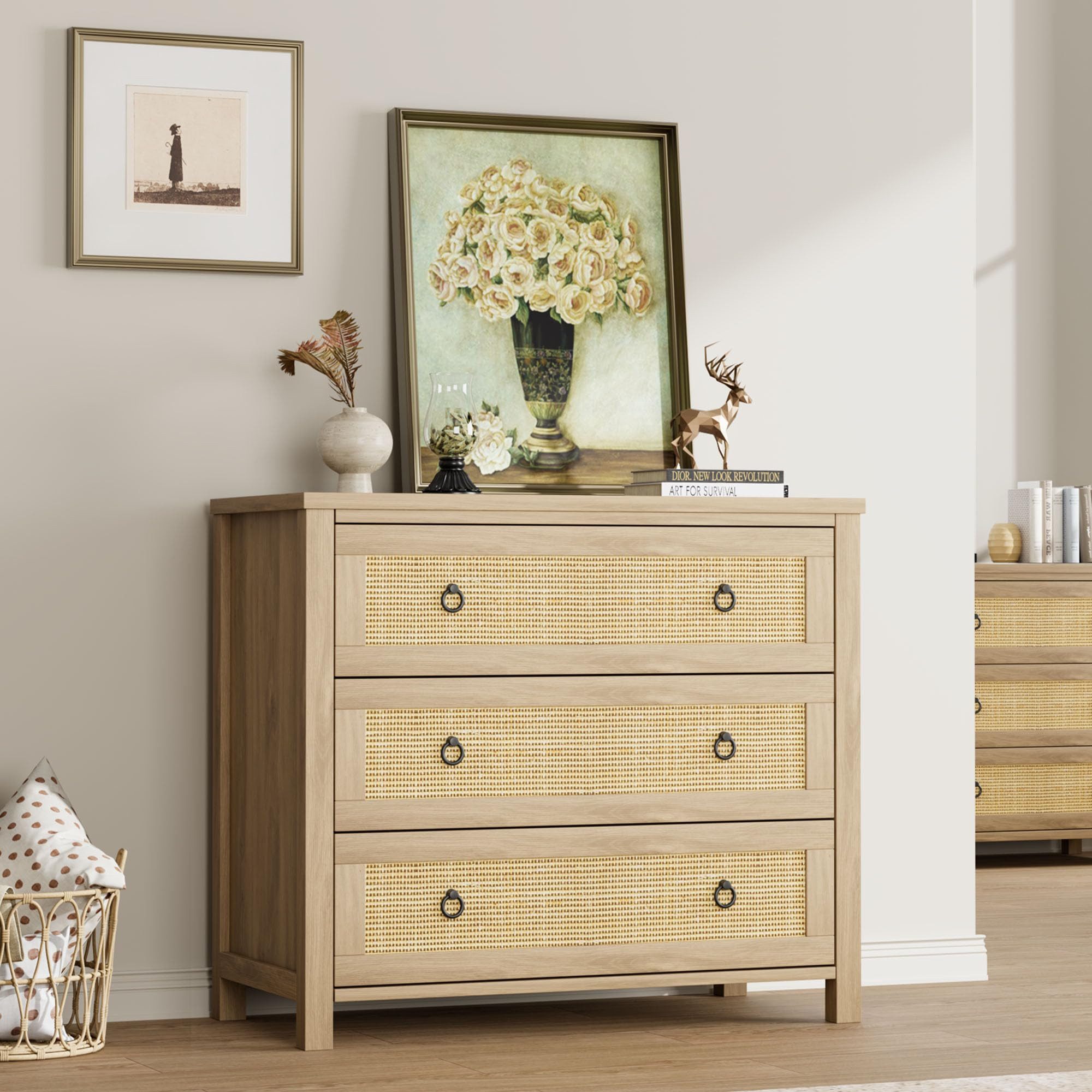 GarveeMore Kommode Kommode mit 3 Schubladen aus Rattan Schubkastenkommode Nachtkommode, Sideboard Anrichte Moderne Mini-Kommode einfache Montage Stauraum