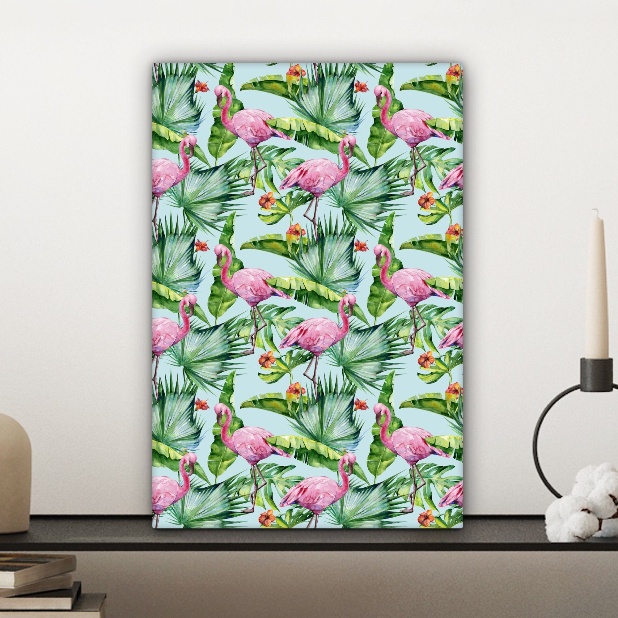 Tropisch, Hibiskus - bespannt OneMillionCanvasses® Zackenaufhänger, fertig inkl. Gemälde, - 20x30 Leinwandbild St), Flamingo (1 Leinwandbild cm