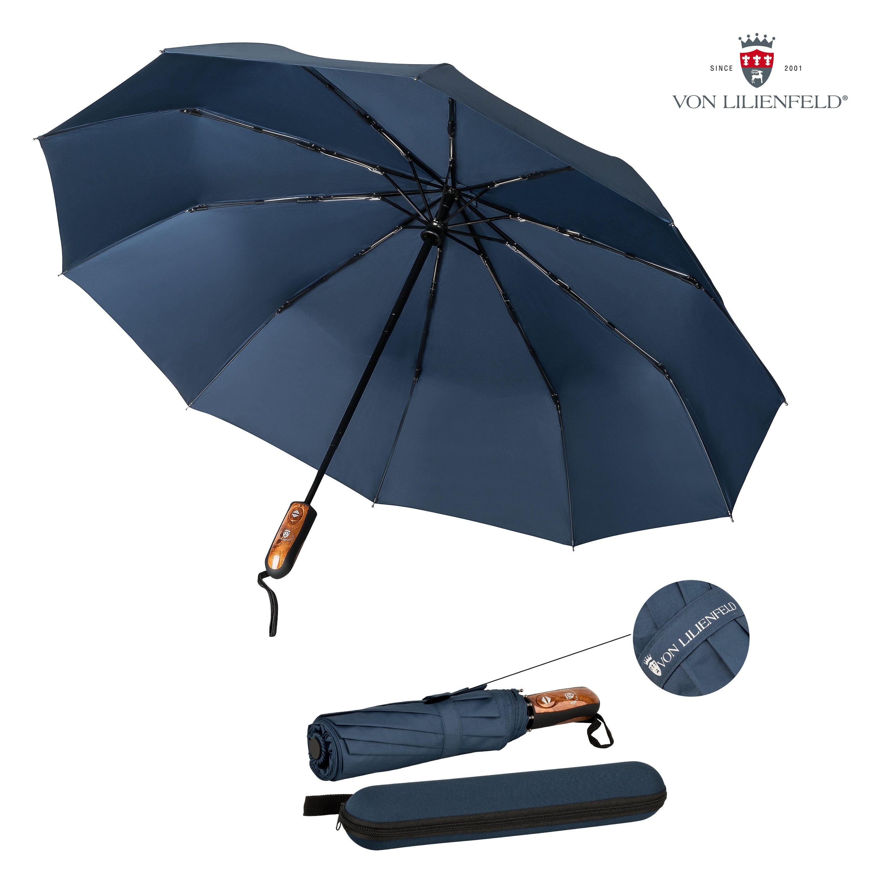 von Lilienfeld Taschenregenschirm Schirm Clark mit Reise-Etu Auf-Zu-Automatik Teflonbeschichtung, extrem wasserabweisend, schnelltrocknend marineblau