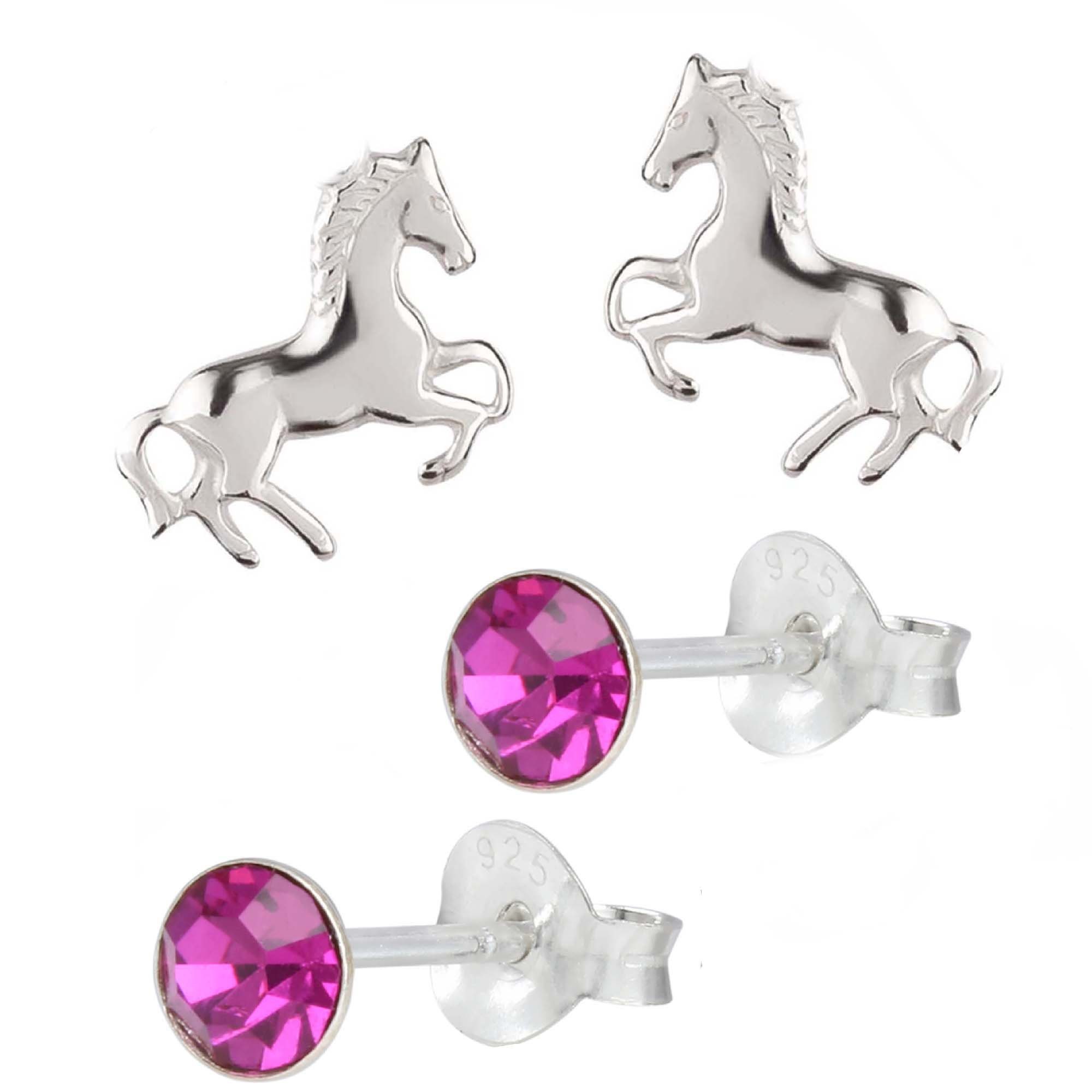 schmuck23 Paar Ohrstecker Kinder Ohrringe Pferd Kristall 925 Sterling Silber (Set), Mächen, 2 Paar Ohrstecker Pink