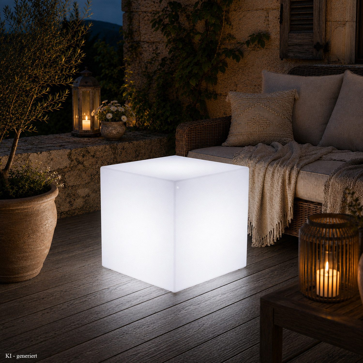 SATISFIRE LED Würfel LED Leuchtwürfel Cube 50x50cm E27 kaltweiß outdoor Beistelltisch, LED Classic, kaltweiss (5300K bis 6000K)
