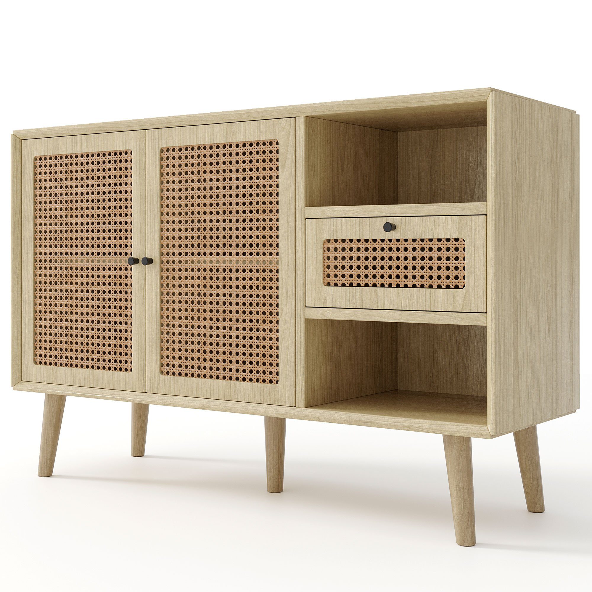 Türen, Rattantür, (1 verstellbare BlingBin Kommode St., 2 Schubladen, Sideboard Magnetische 40x80cm Natur 120x Ablagen, 1 Schwarz Massivholzbeine), Bügelgriff, Metall