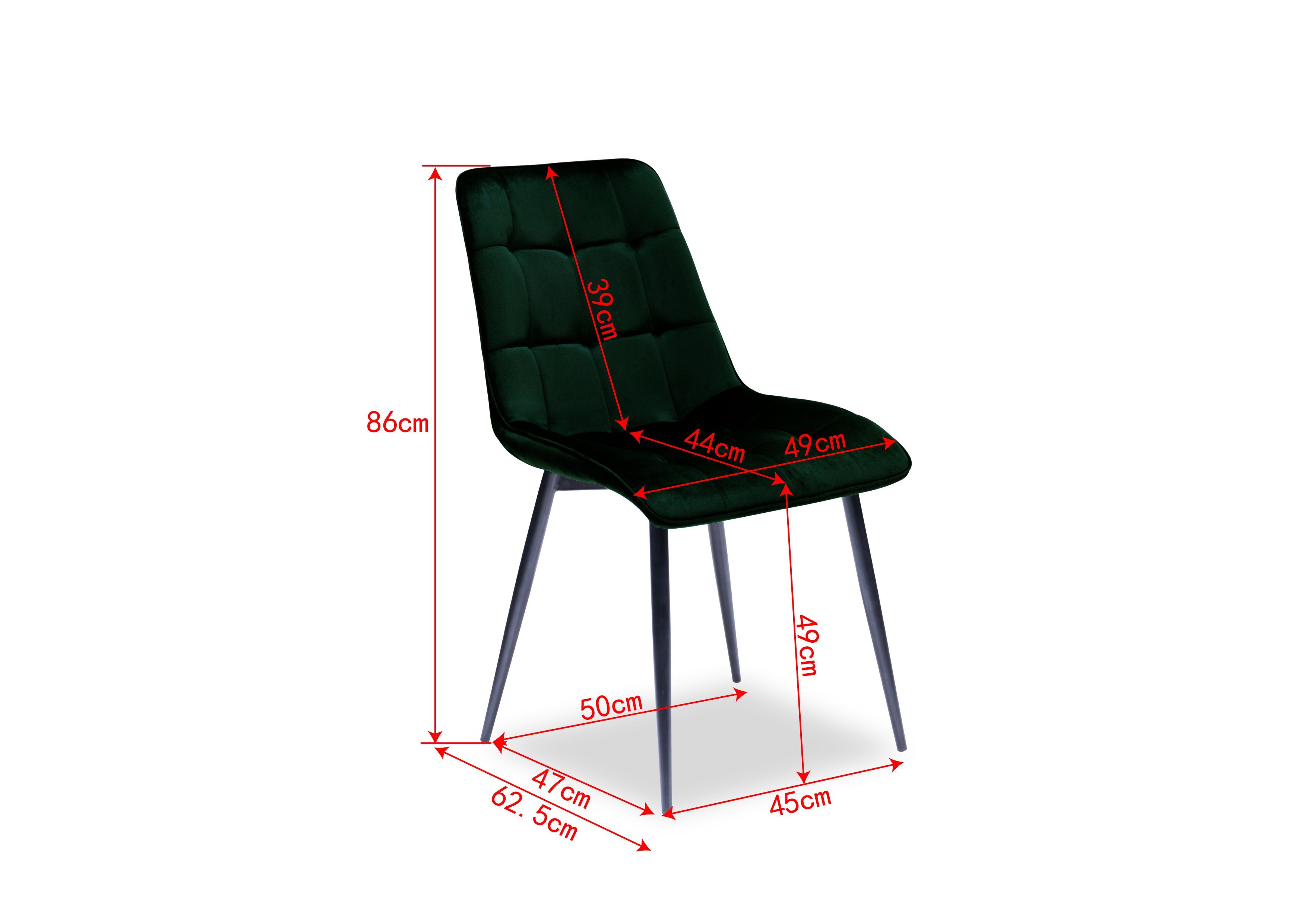 Gestell St), Bezug 60 aus Tiefe in 49 cm Esszimmerstuhl Esszimmerstuhl (4 in cm, Höhe Moderner 100% Set, Dunkelgrün. Schwarz, cm, im 86 Metall 4-er aus Polyester möbelando praktischen Breite Texhoma