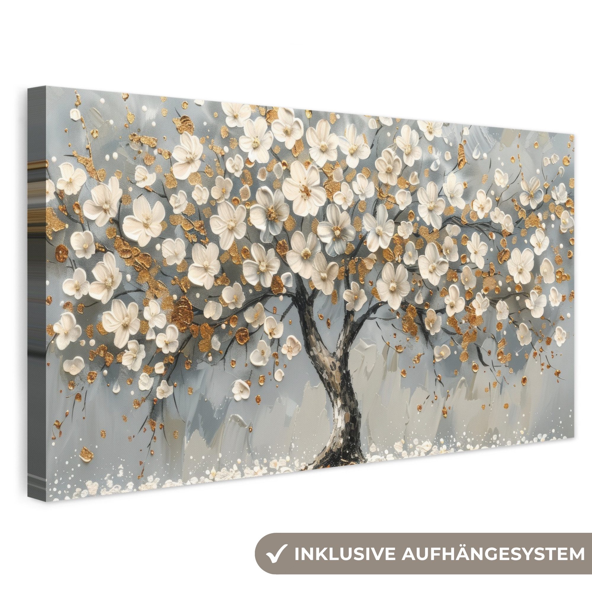 OneMillionCanvasses® Leinwandbild Panorama Baum - Gold - Blumen - Abstrakt - Kunst, Fotodruck (1 St), Wandbild, Deko Schlafzimmer Wohnzimmer Flur 40x20 cm