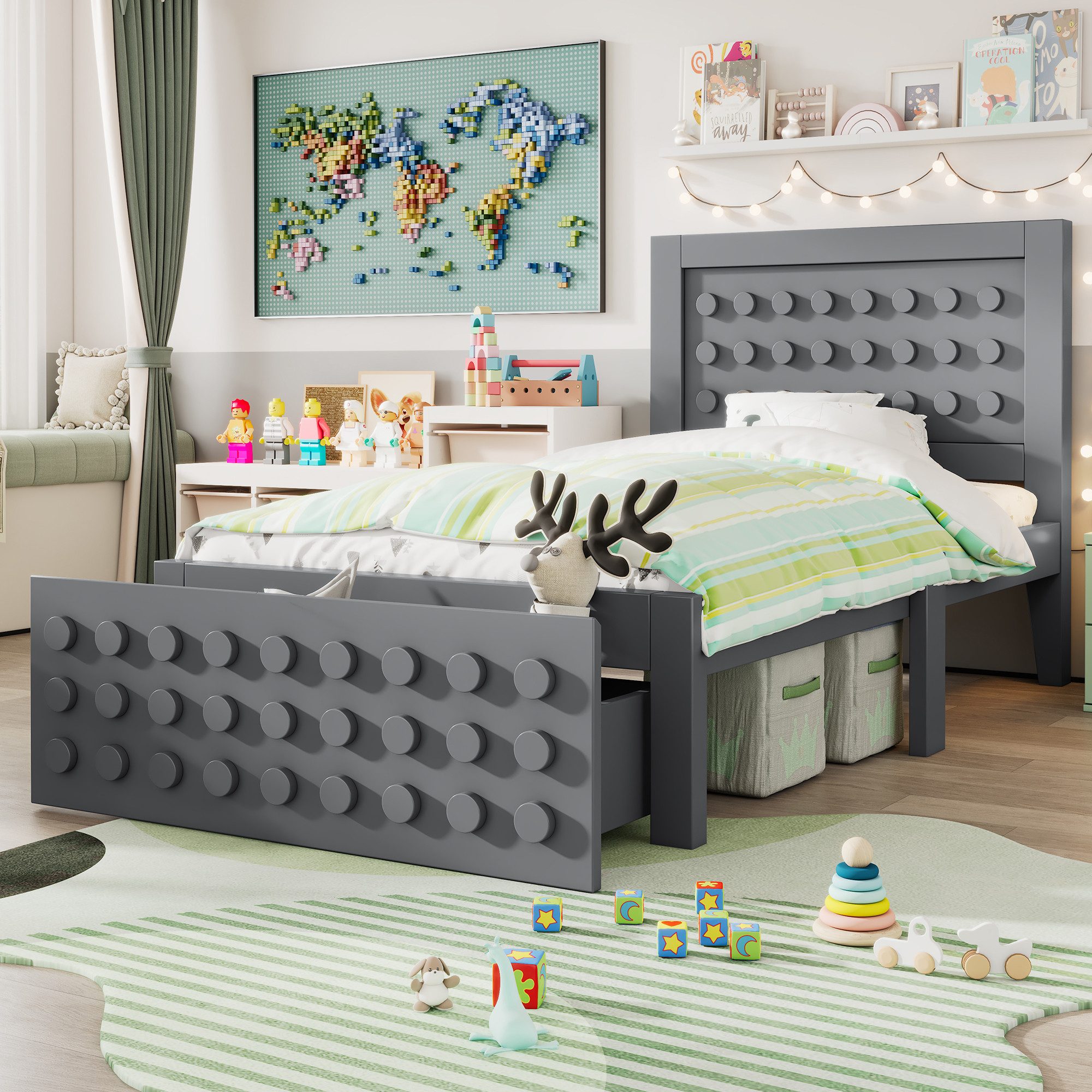 Flieks Kinderbett, Holzbett Einzelbett 90x200cm Bausteine-Form mit Schublad günstig online kaufen